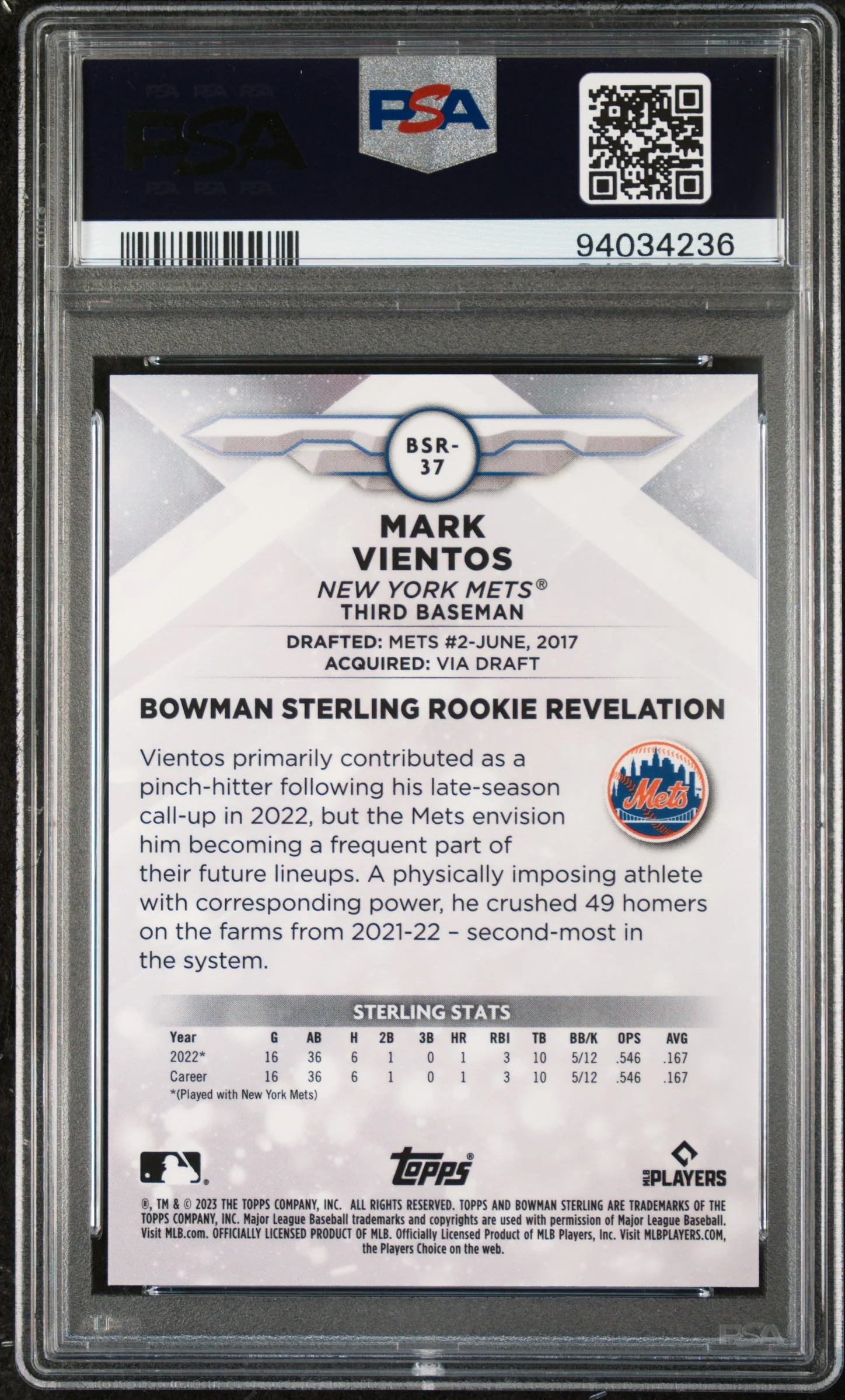 2023 Bowman Sterling Gold Refractor Mark Vientos #BSR37 PSA 9 - Image 2
