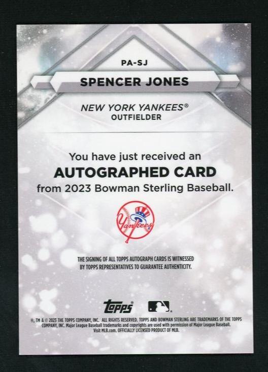 2023 Bowman Sterling PA-SJ Spencer Jones /125 New York Yankees Auto - Image 2