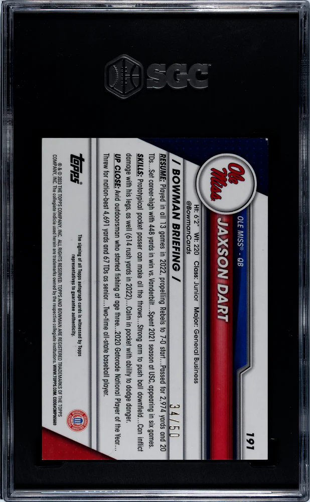 2023 Bowman U Chrome #191 Jaxson Dart /50 SGC 9.5 - Image 2