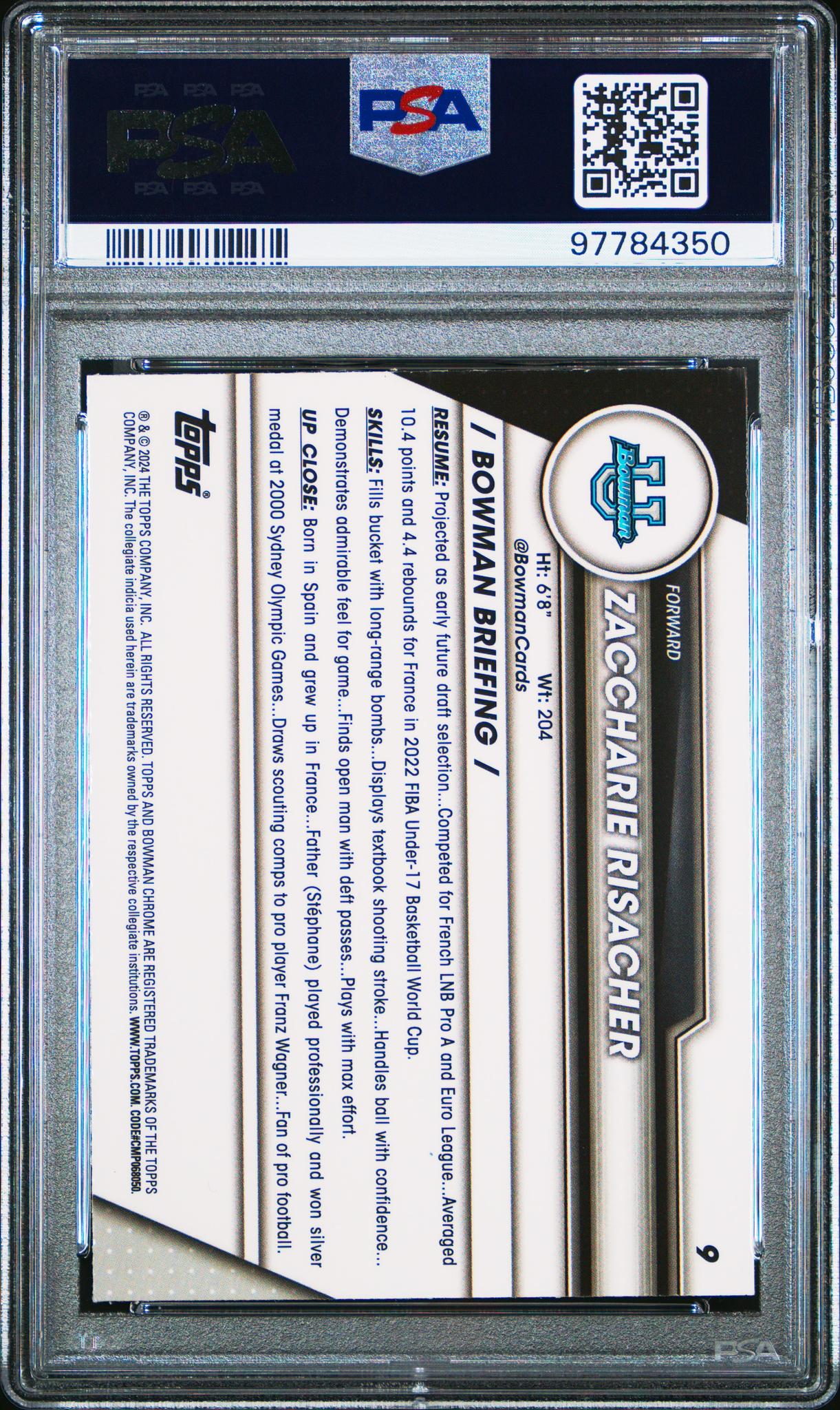 2023 Bowman U Chrome Sapphire Zaccharie Risacher #9 1st Bowman PSA 9 - Image 2