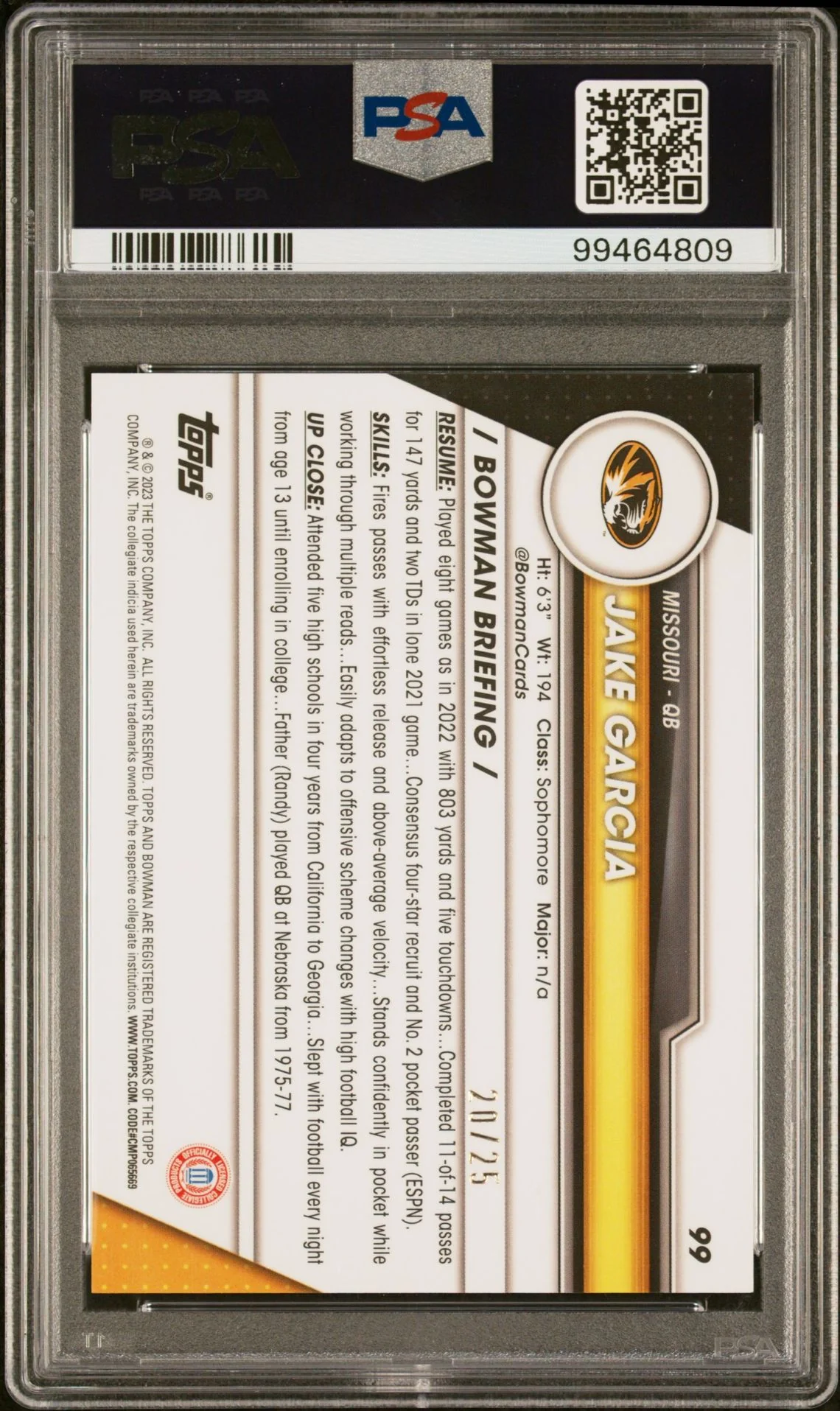 2023 Bowman Chrome Orange Shimmer Jake Garcia #99 /25 PSA 8 - Image 2