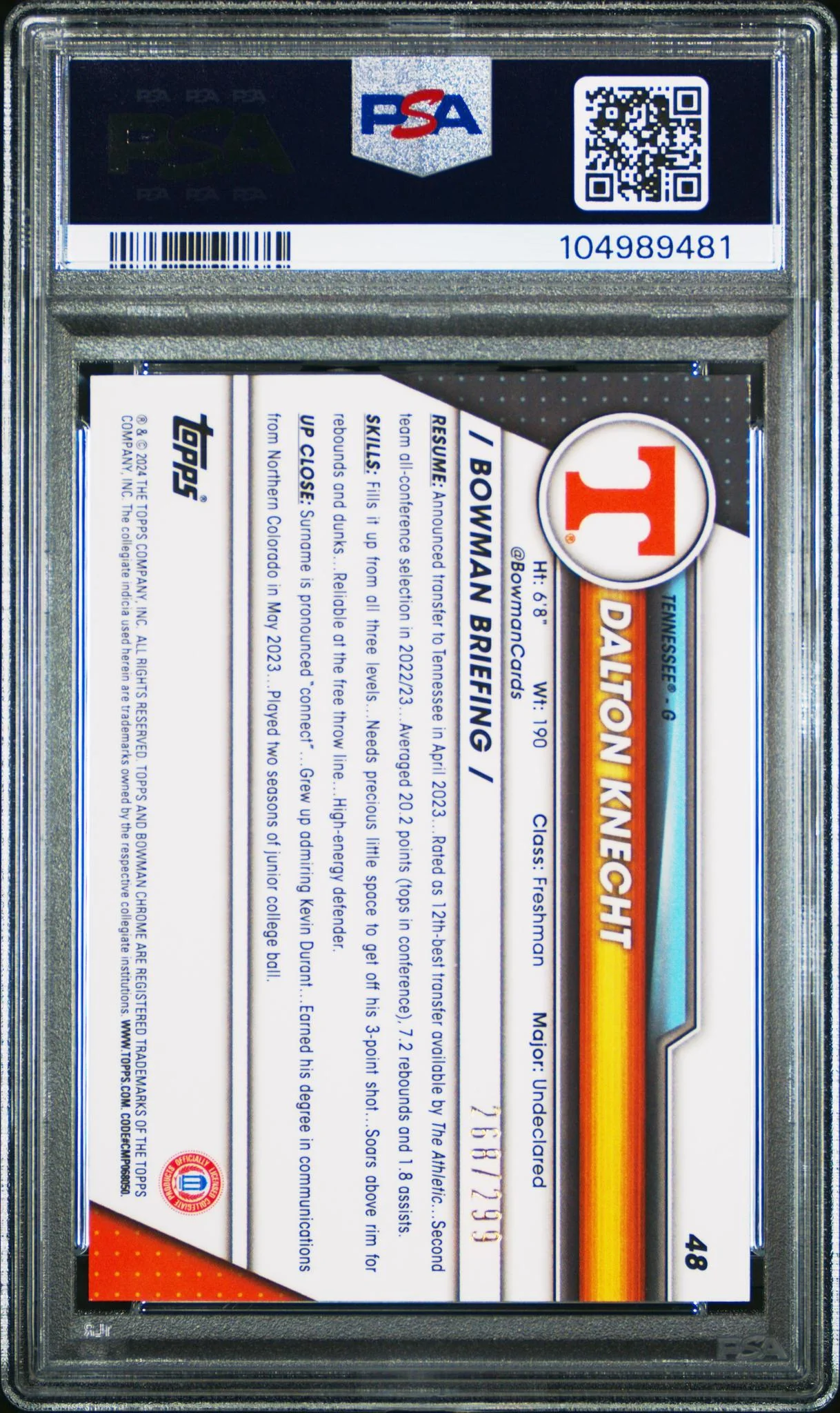 2023 Bowman University Chrome Aqua Dalton Knecht #48 /399 PSA 10 - Image 2
