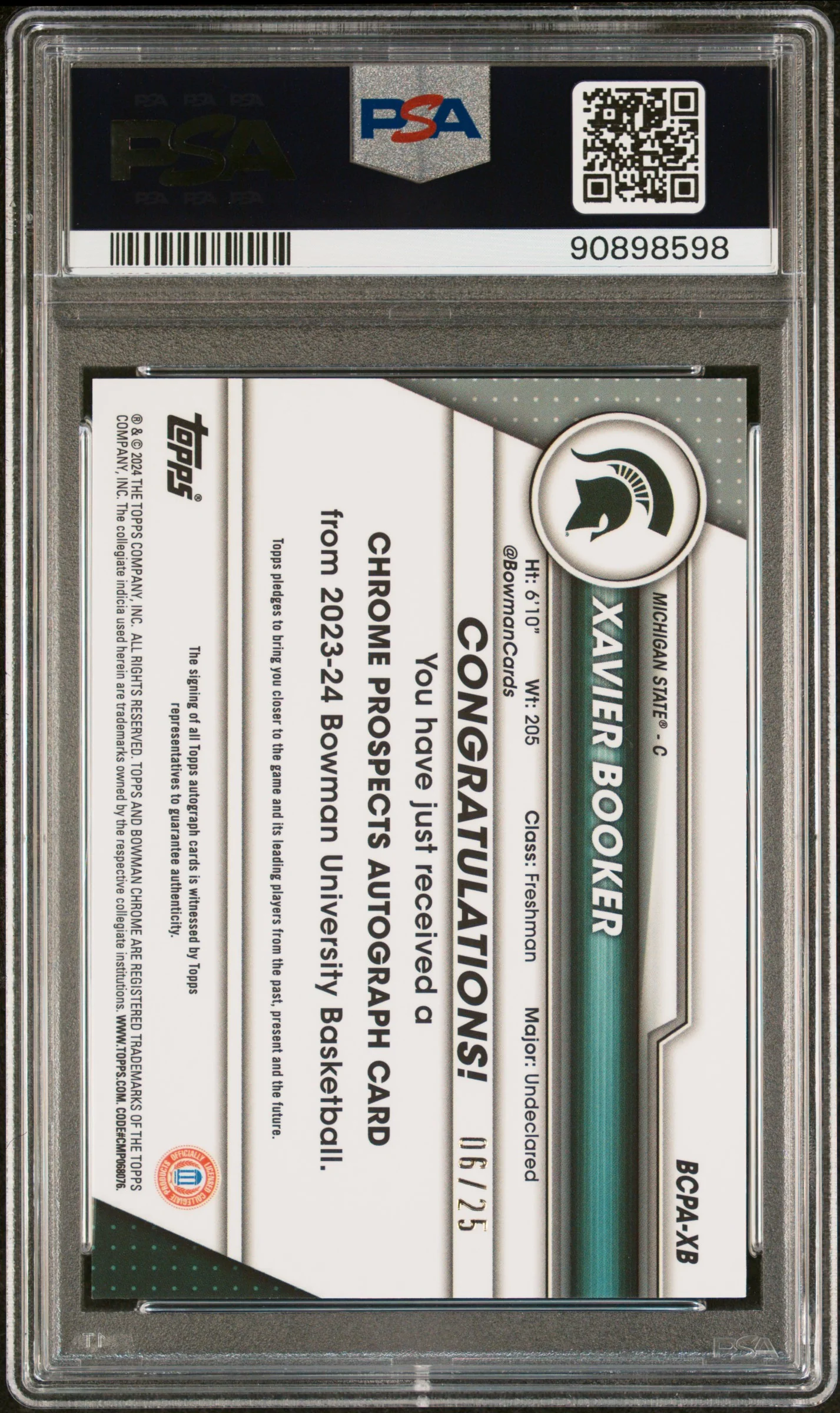 2023 Bowman University Chrome Bowman Chrome Prospects Autographs Orange Shimmer Xavier Booker #XB /25 PSA 9 - Image 2