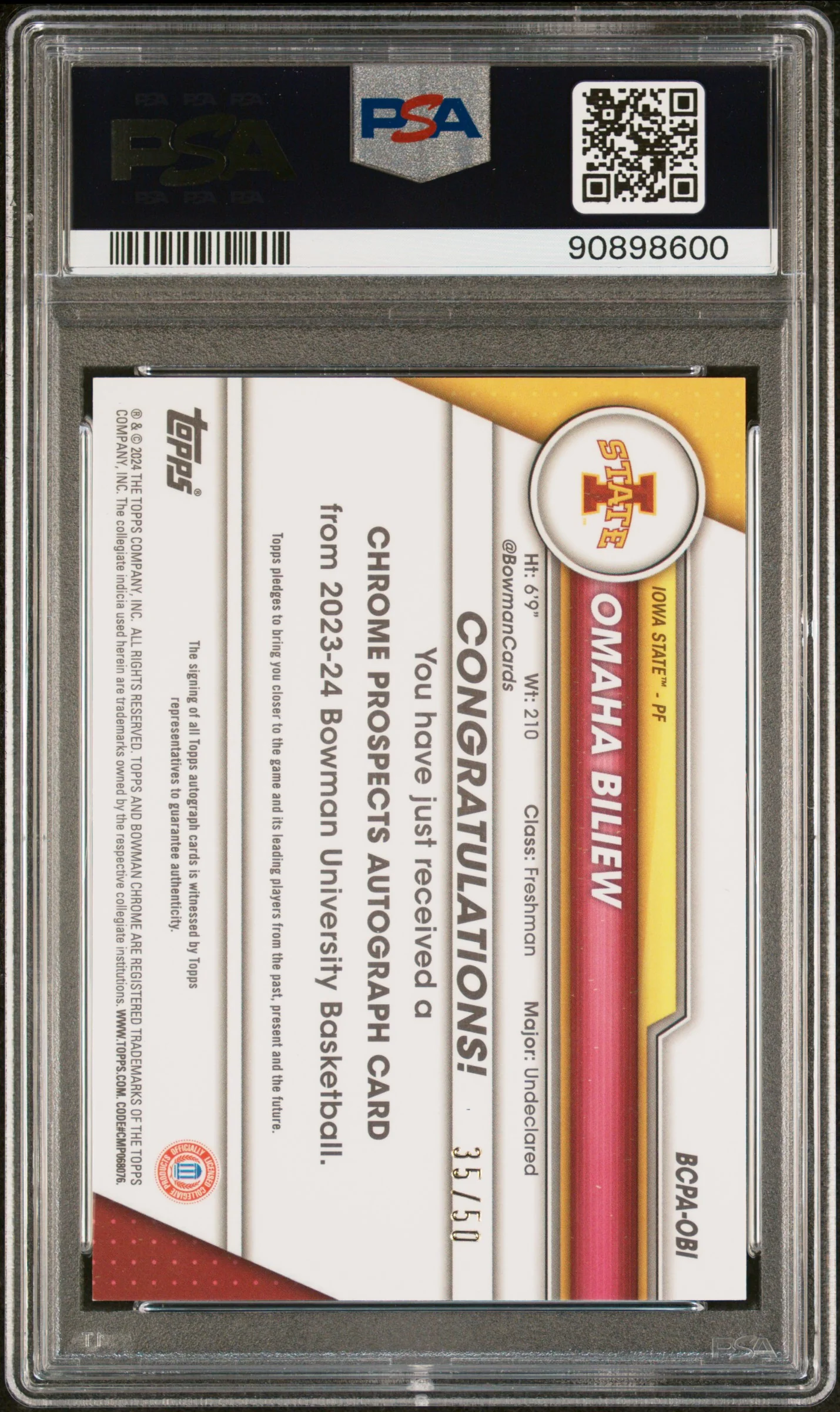 2023 Bowman University Chrome Bowman Chrome Prospects Autographs Prospects Au-Gold Lava Ref Omaha Biliew #OBI /50 PSA 10 - Image 2