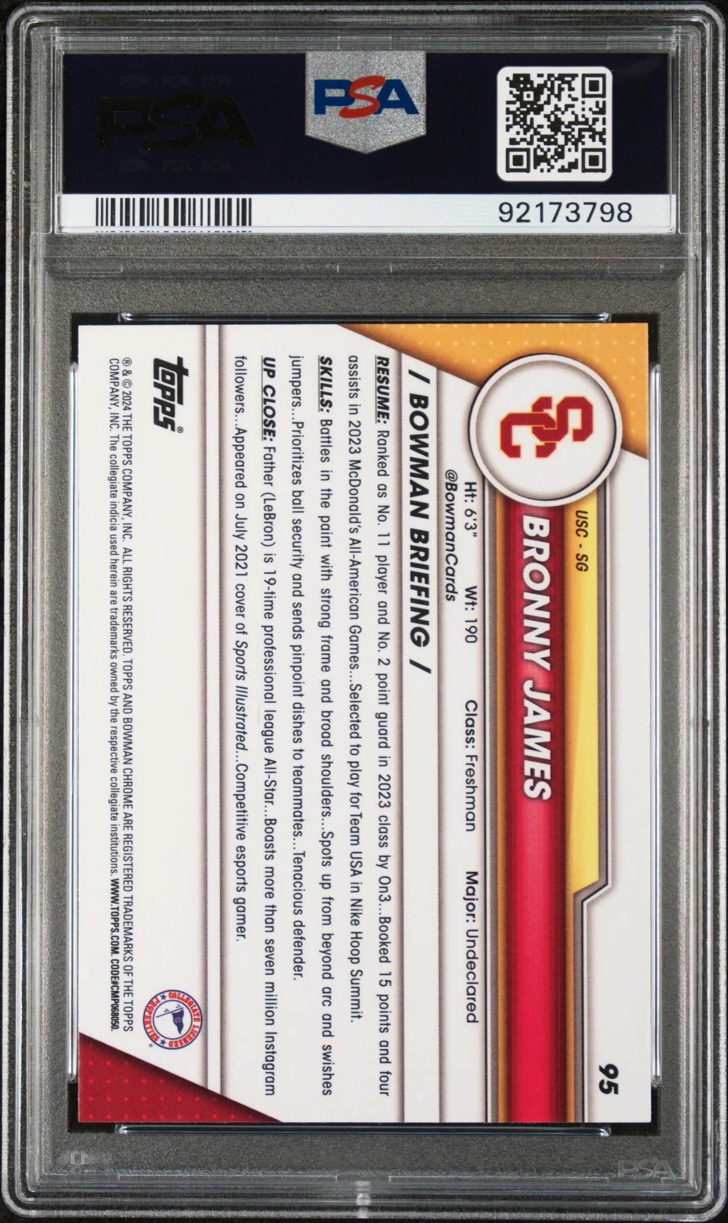 2023 Bowman University Chrome Bronny James Jr. #95 PSA 10 - Image 2