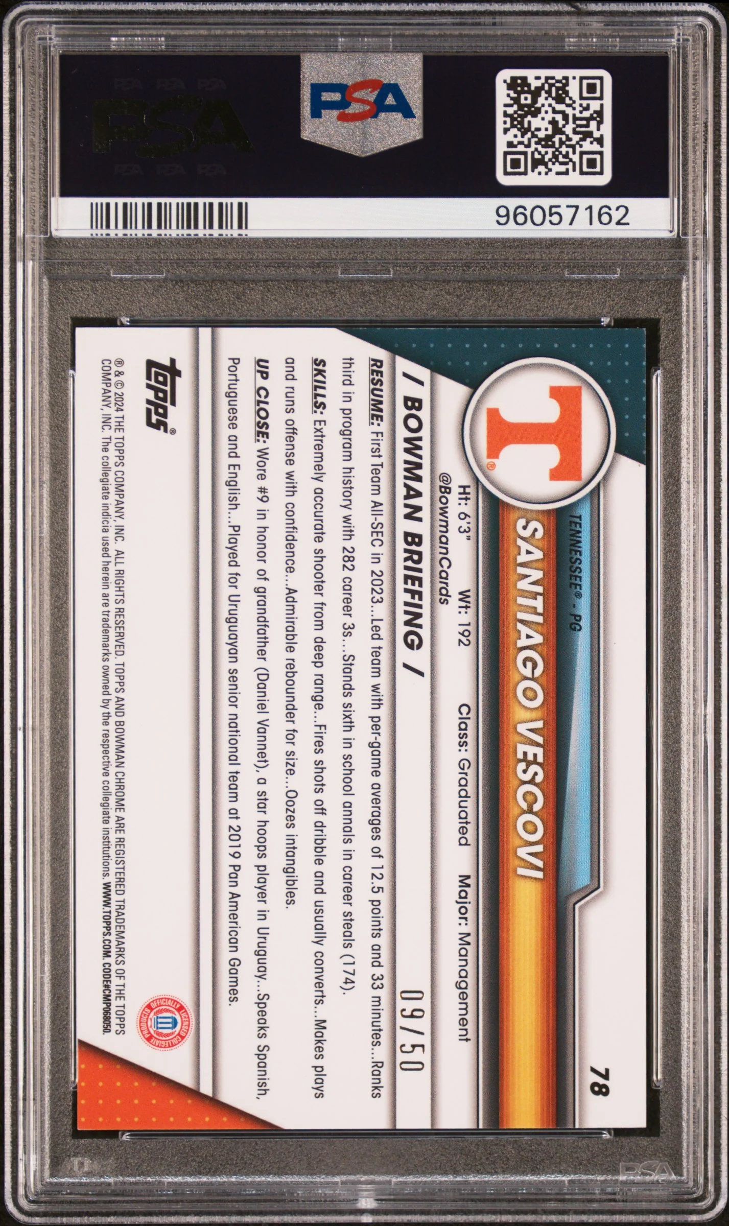 2023 Bowman University Chrome Gold Refractor Santiago Vescovi #78 /50 PSA 10 - Image 2