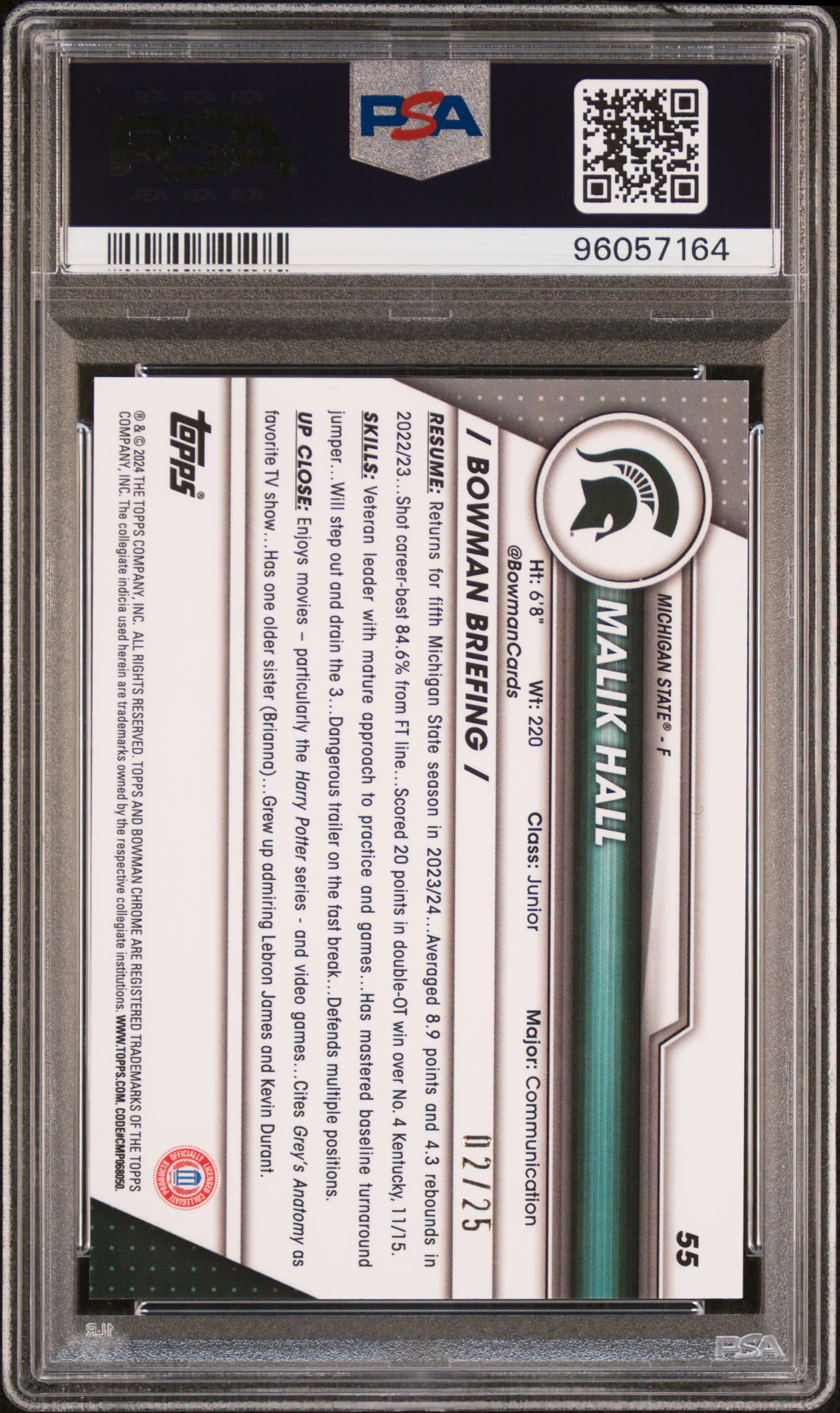 2023 Bowman University Chrome Orange Refractor Malik Hall #55 /25 PSA 10 - Image 2