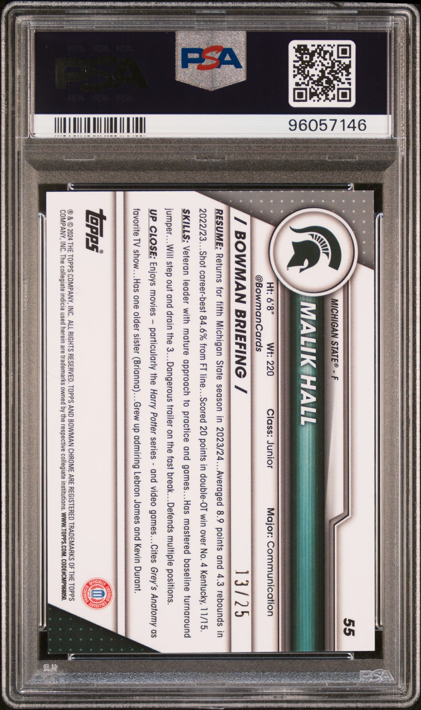 2023 Bowman University Chrome Orange Refractor Malik Hall #55 /25 PSA 10 - Image 2