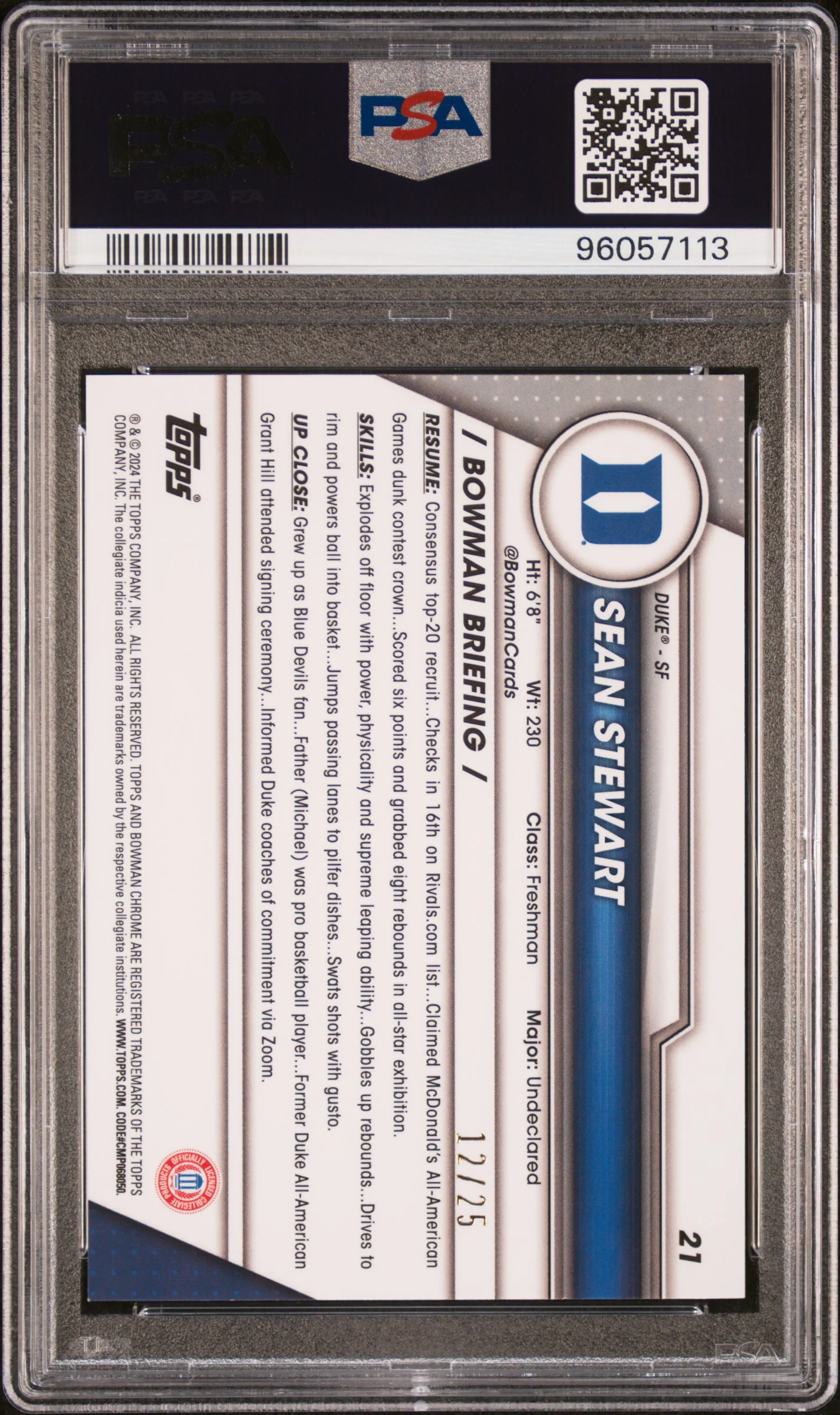 2023 Bowman University Chrome Orange Shimmer Sean Stewart #21 /25 PSA 10 - Image 2
