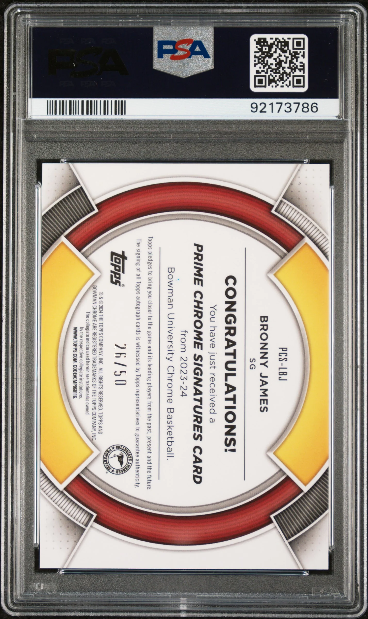 2023 Bowman University Chrome Prime Signatures Bronny James Jr. #PCSLBJ /150 PSA 10 - Image 2