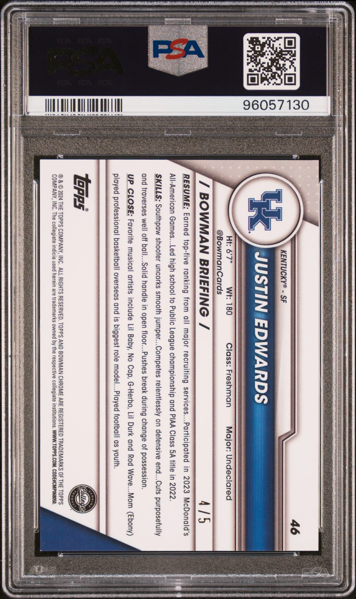 2023 Bowman University Chrome Red Refractor Justin Edwards #46 /5 PSA 9 - Image 2