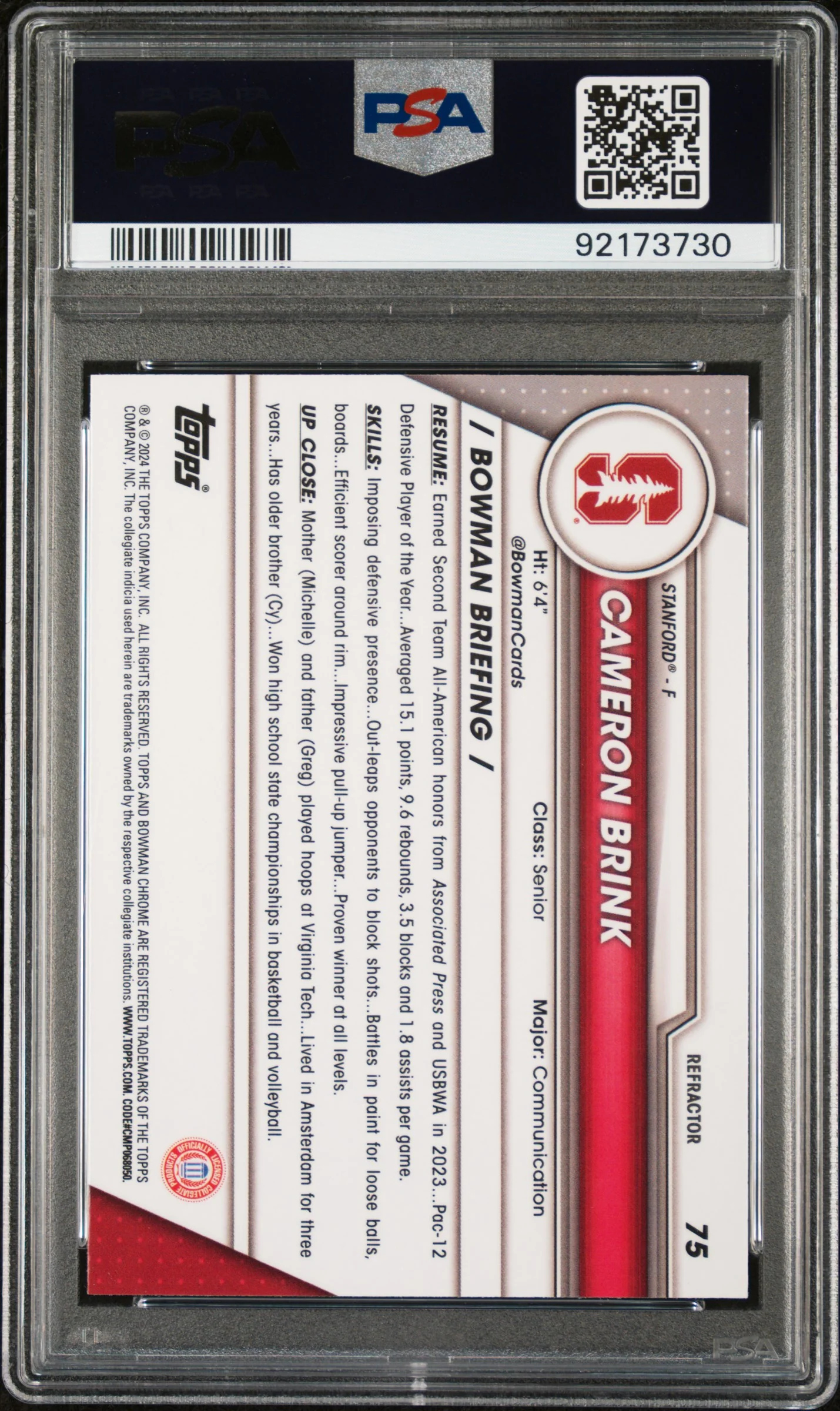 2023 Bowman University Chrome Refractor Cameron Brink #75 PSA 10 - Image 2