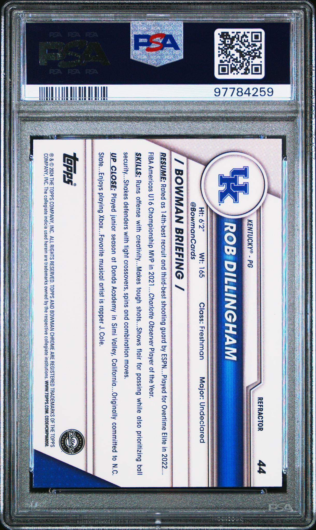 2023 Bowman University Chrome Refractor Rob Dillingham #44 PSA 10 - Image 2
