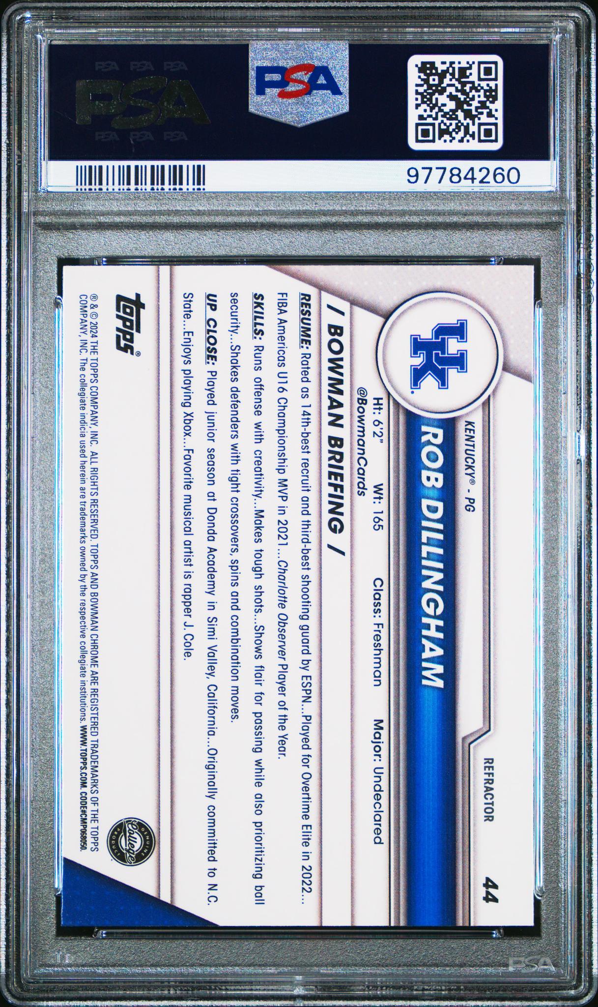 2023 Bowman University Chrome Refractor Rob Dillingham #44 PSA 10 - Image 2
