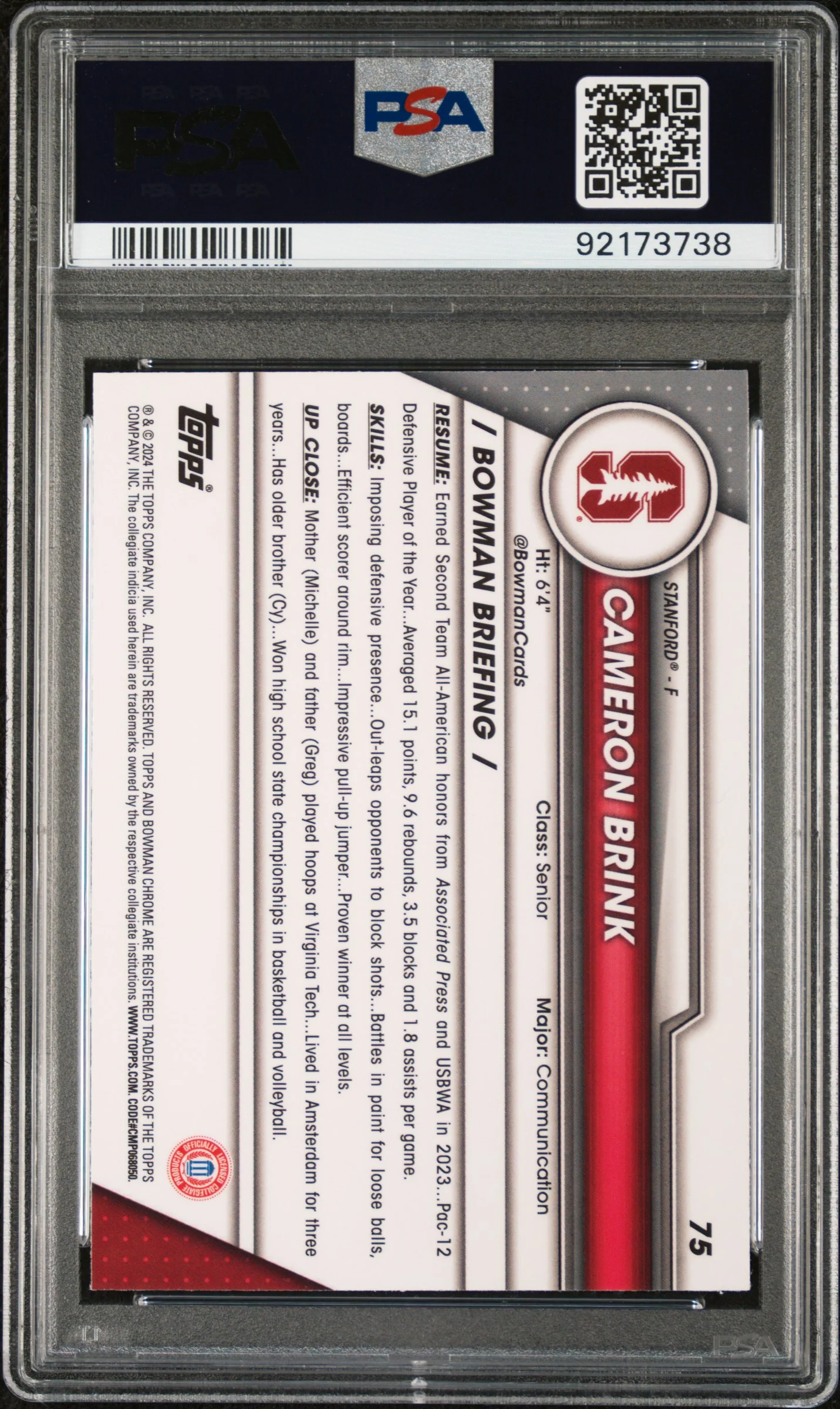 2023 Bowman U Chrome Sapphire Cameron Brink #75 PSA 10 - Image 2