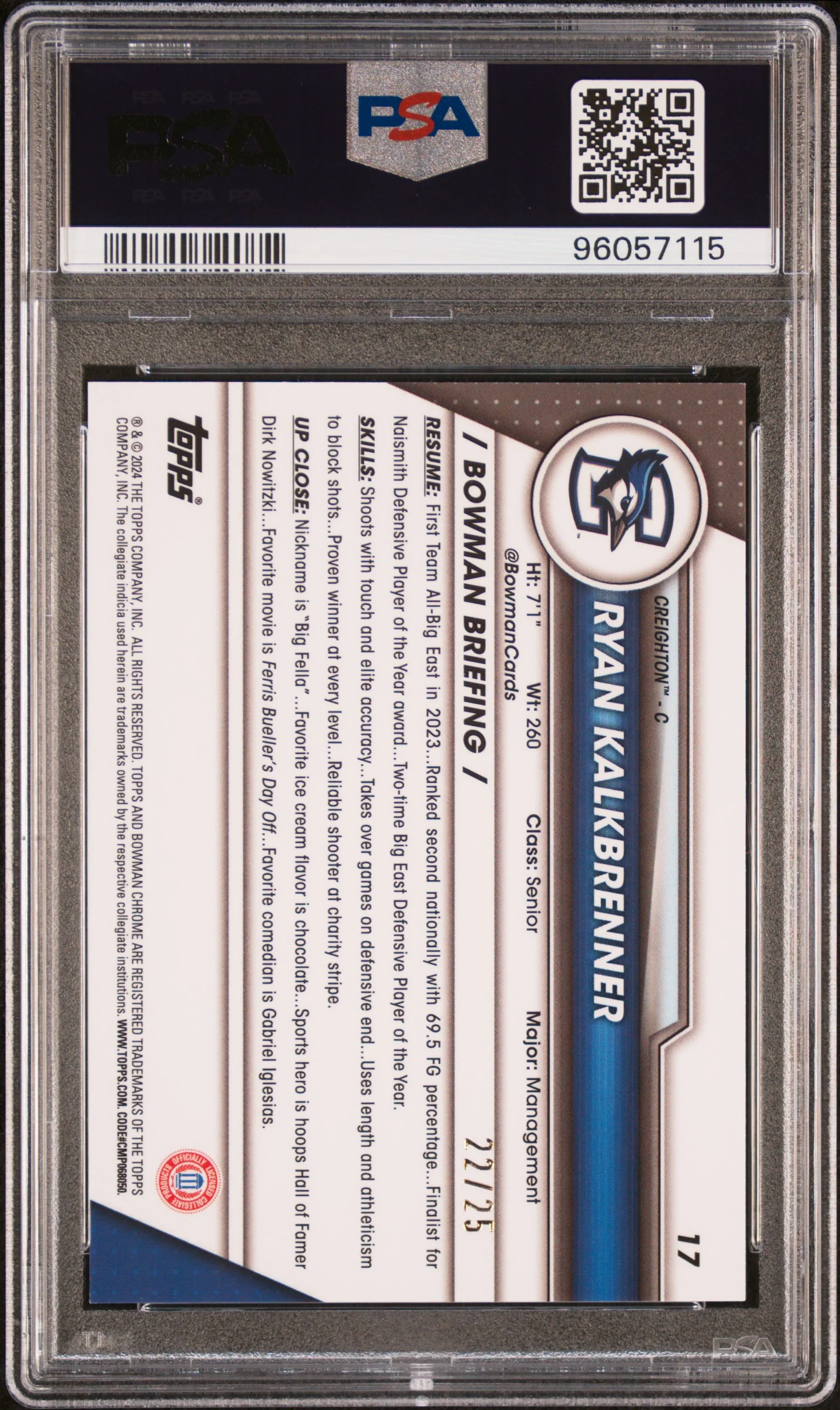 2023 Bowman University Chrome Sapphire Orange Ryan Kalkbrenner #17 /25 PSA 9 - Image 2