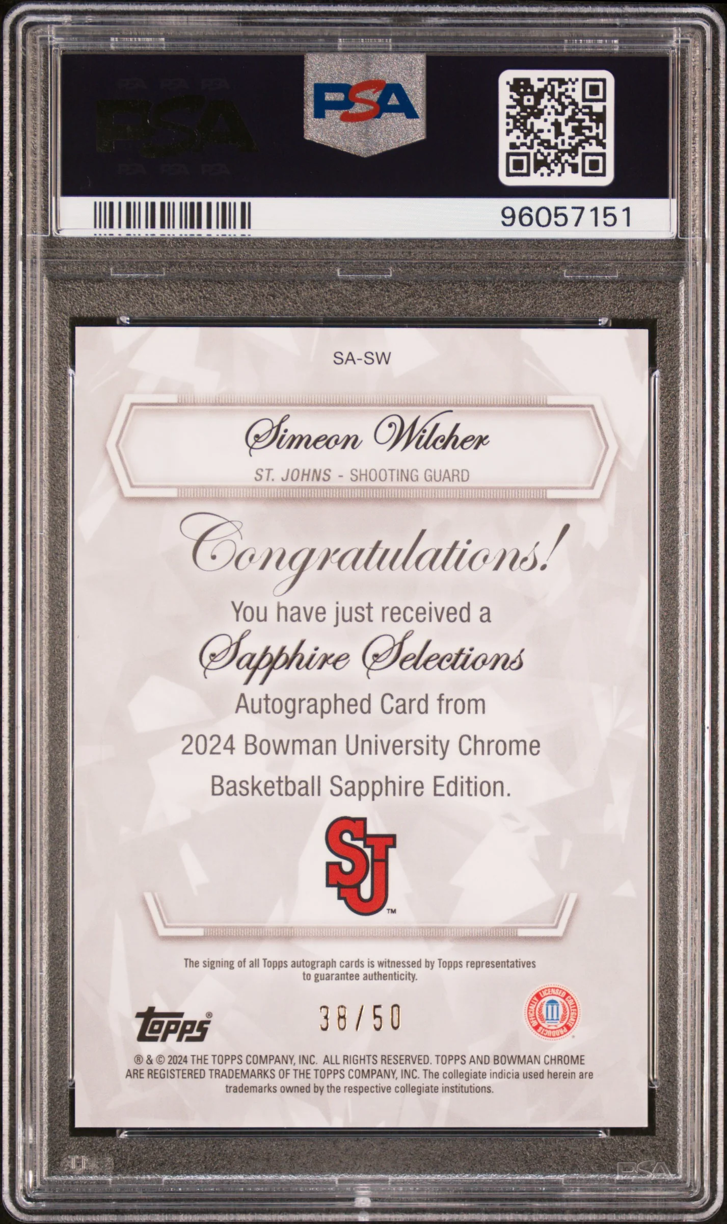 2023 Bowman University Chrome Sapphire Sapphire Selections Autographs Simeon Wilcher #SASW /50 PSA 9 - Image 2