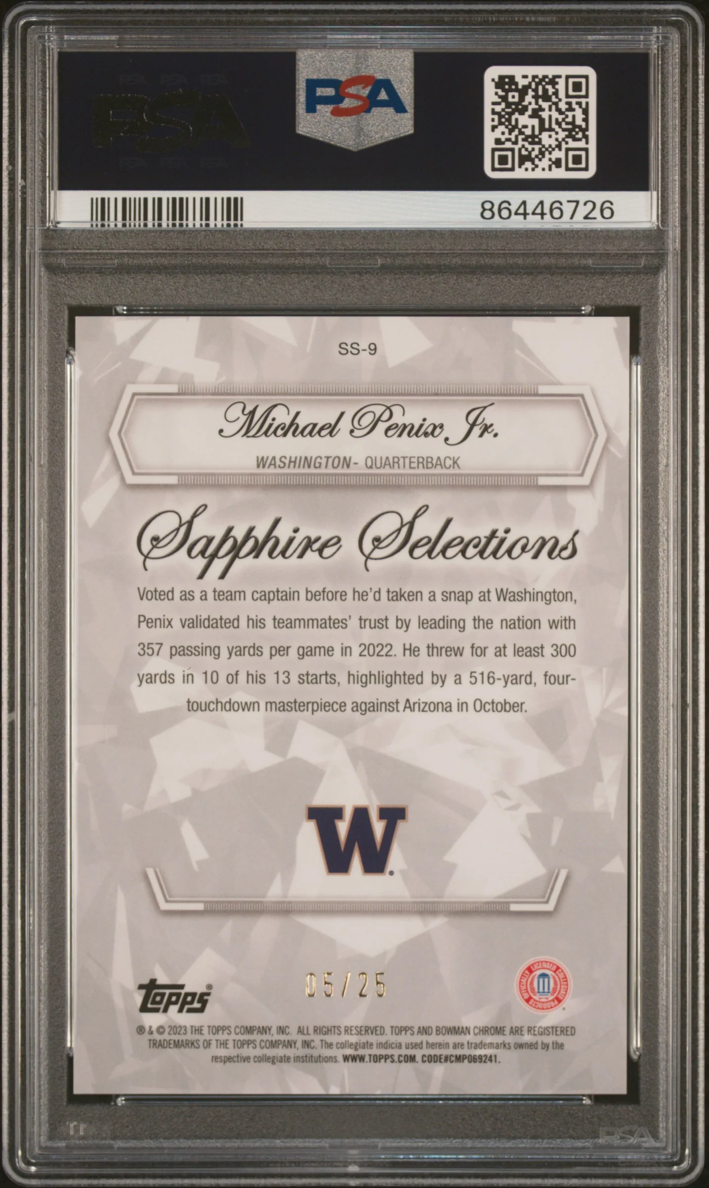 2023 Bowman University Chrome Sapphire Sapphire Selections #SS9 Michael Penix Jr. Orange PSA 10 - Image 2