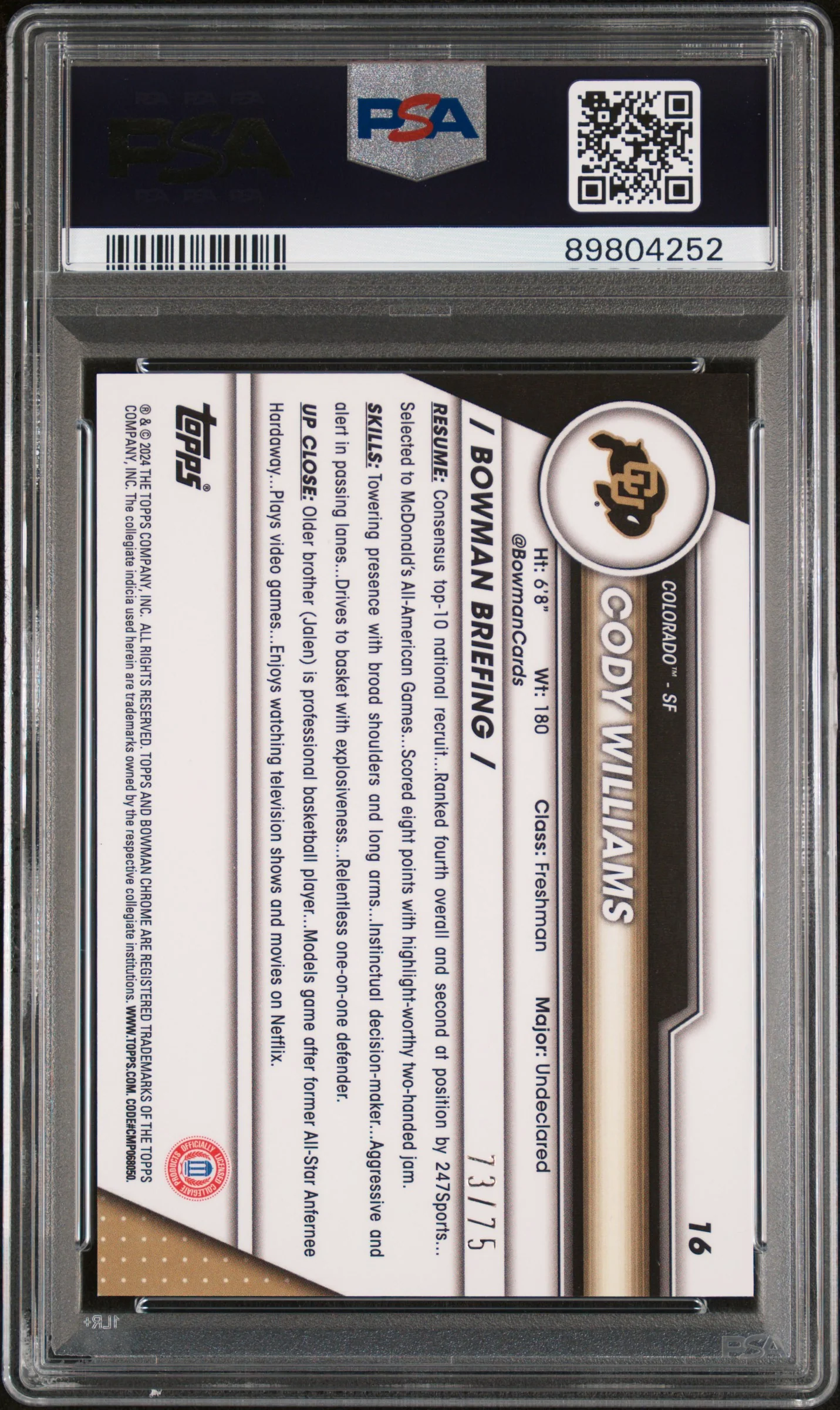 2023 Bowman University Chrome Sapphire Yellow Cody Williams #16 /75 PSA 10 - Image 2