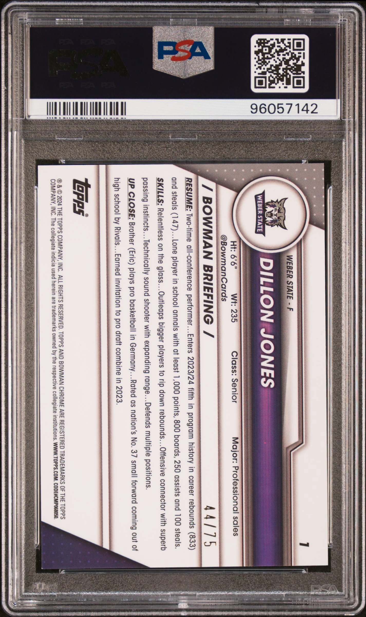 2023 Bowman University Chrome Sapphire Yellow Dillon Jones #1 /75 PSA 10 - Image 2