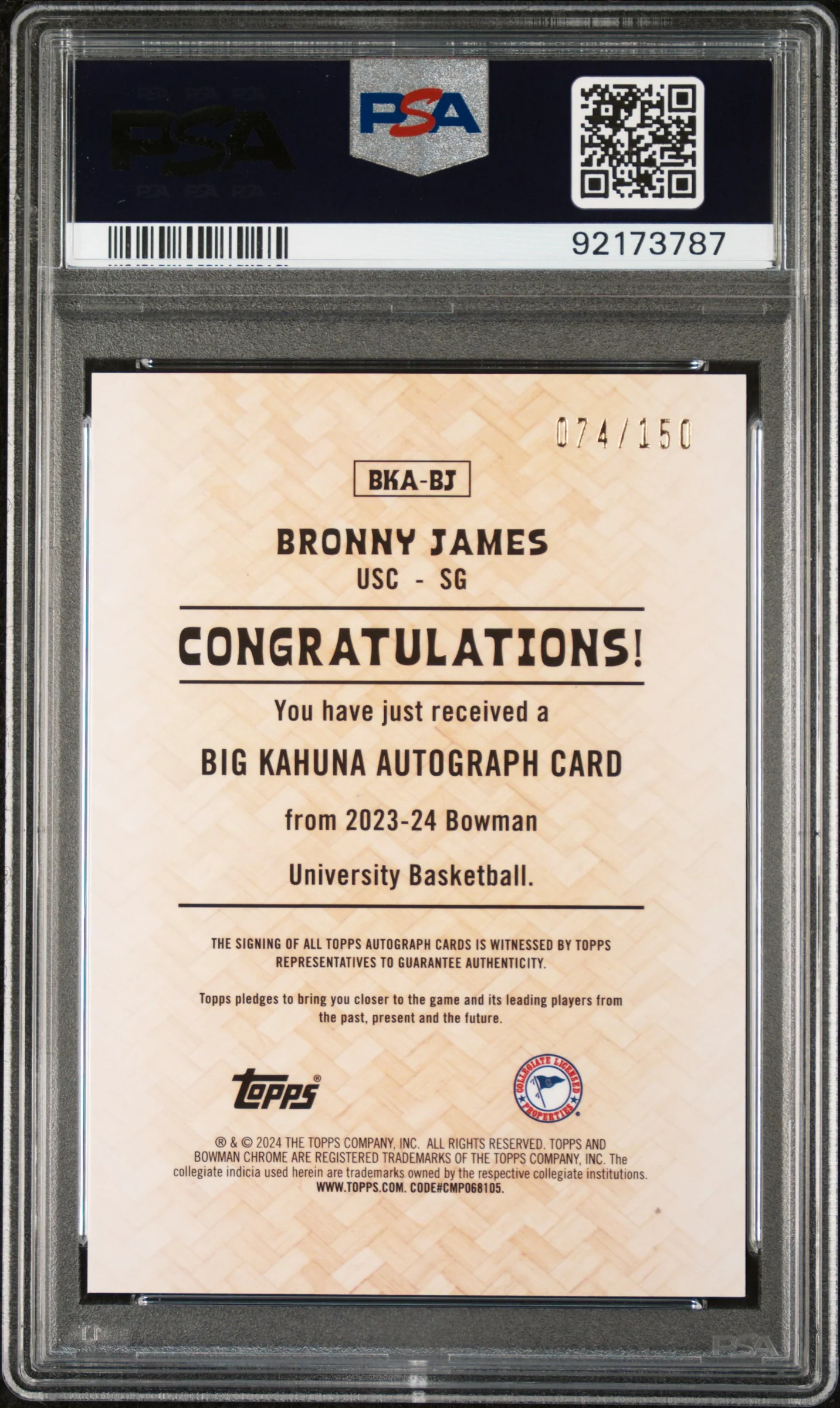 2023 Bowman University Chrome the Big Kahuna Autographs Bronny James Jr. #BKABJ /150 PSA 10 - Image 2