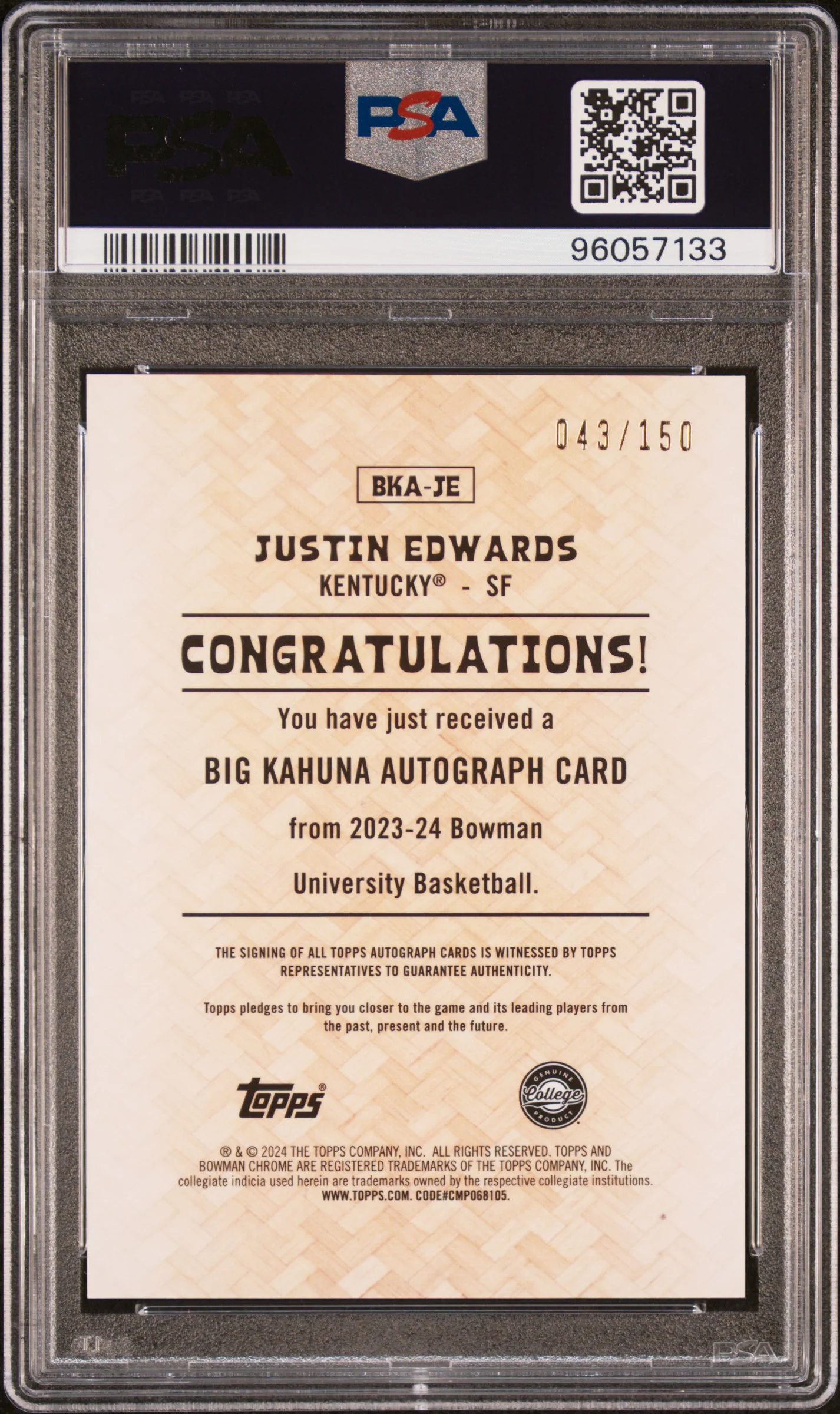 2023 Bowman University Chrome the Big Kahuna Autographs Justin Edwards #BKAJE /150 PSA 9 - Image 2