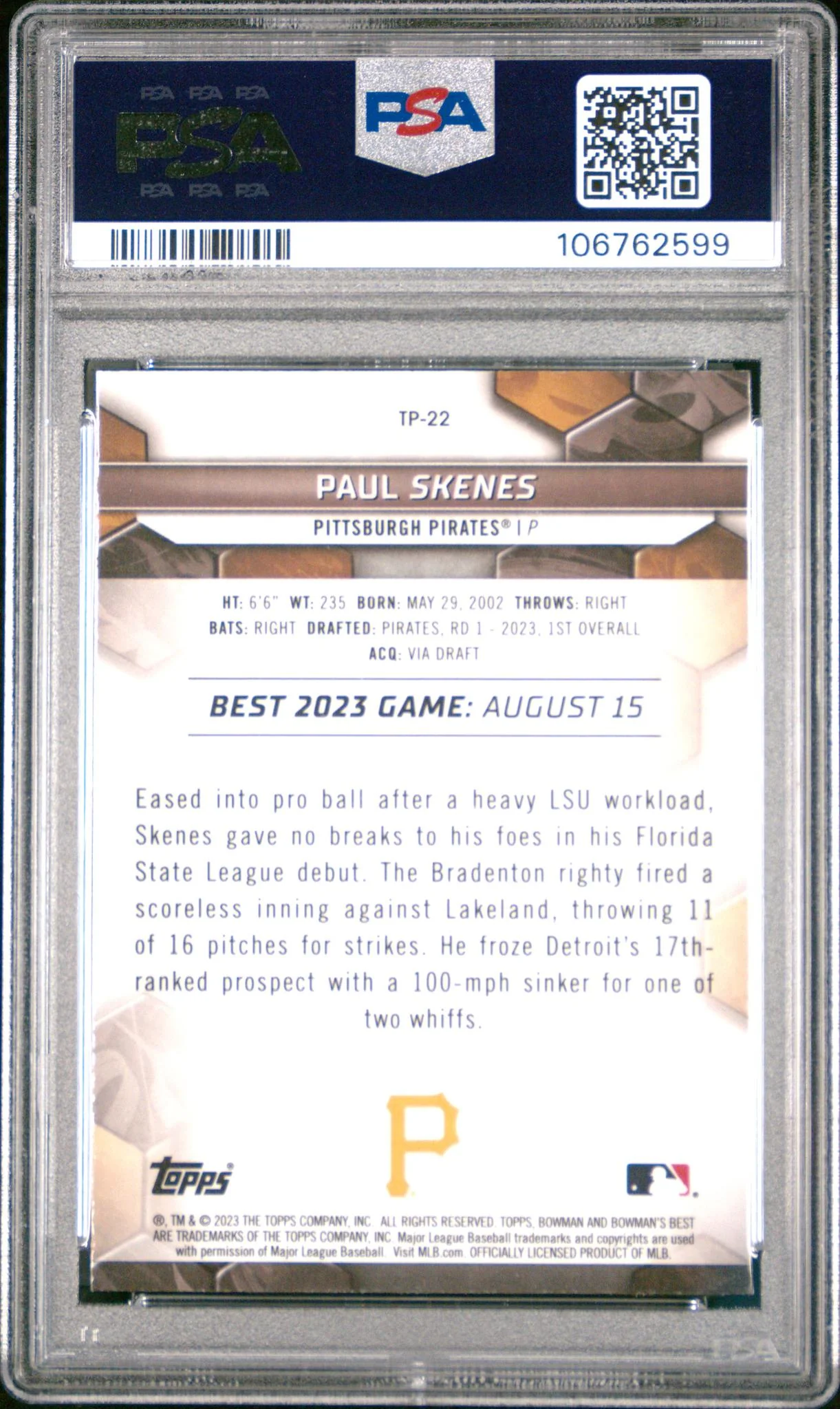 2023 Bowman's Best Top Prospects Paul Skenes #TP22 PSA 10 - Image 2