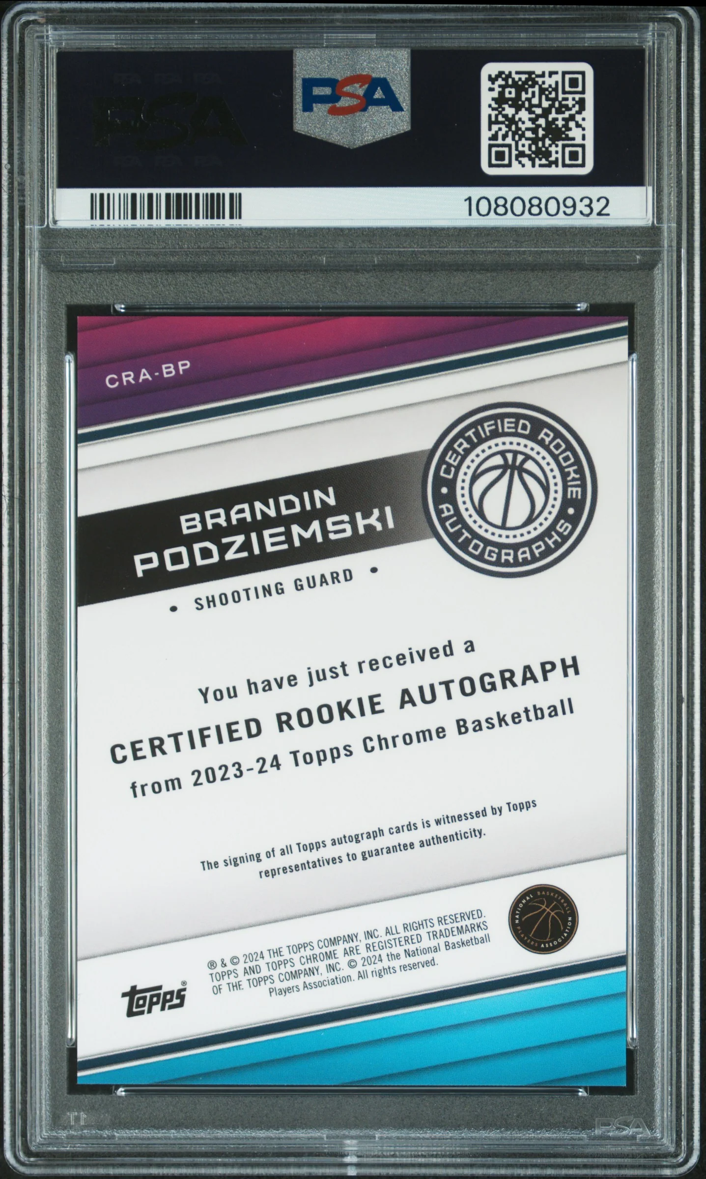 2023 Chrome Rookie Autographs Brandin Podziemski #CRABP PSA 9 - Image 2