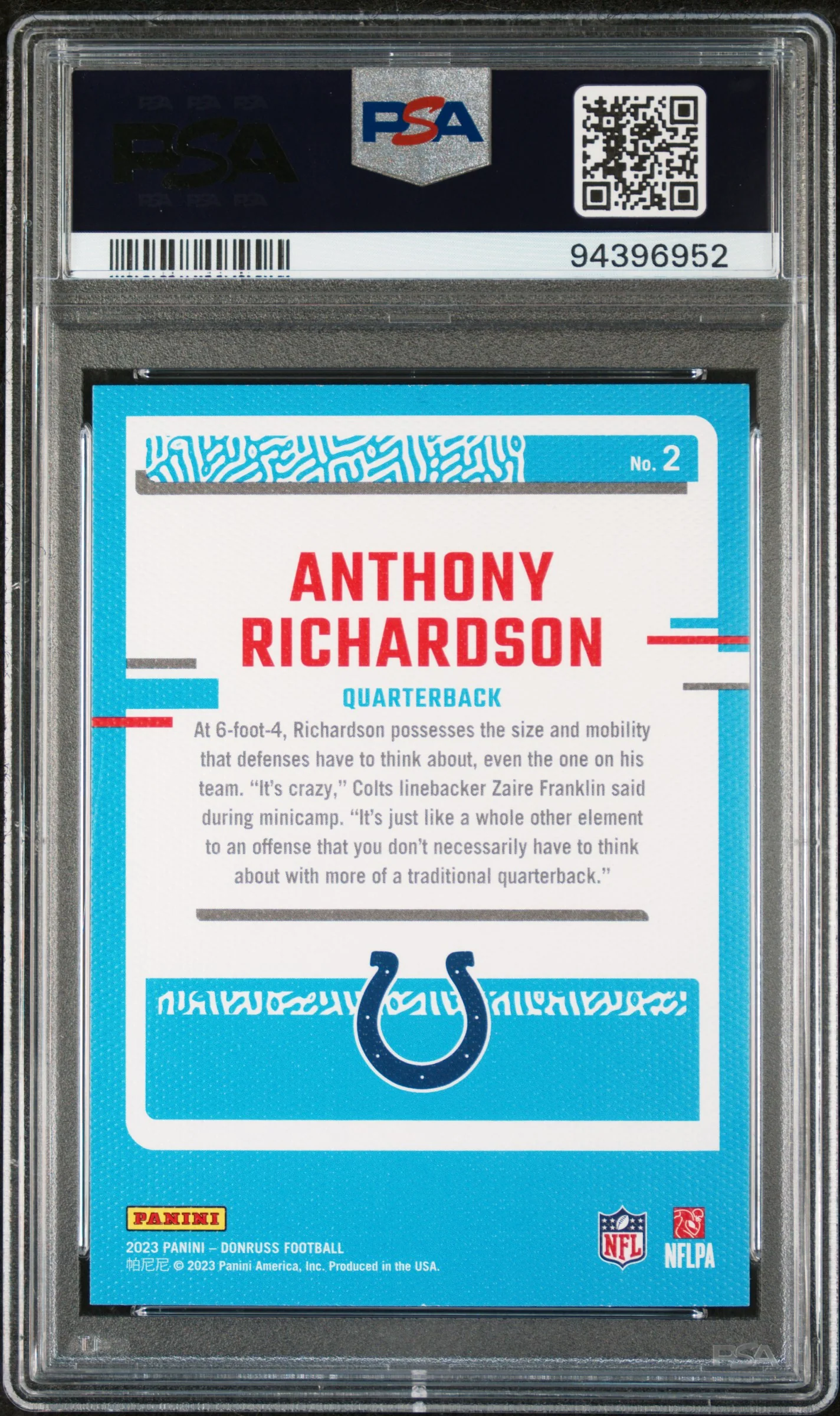 2023 Donruss Rated Rookies Anthony Richardson #2 RC PSA 10 - Image 2