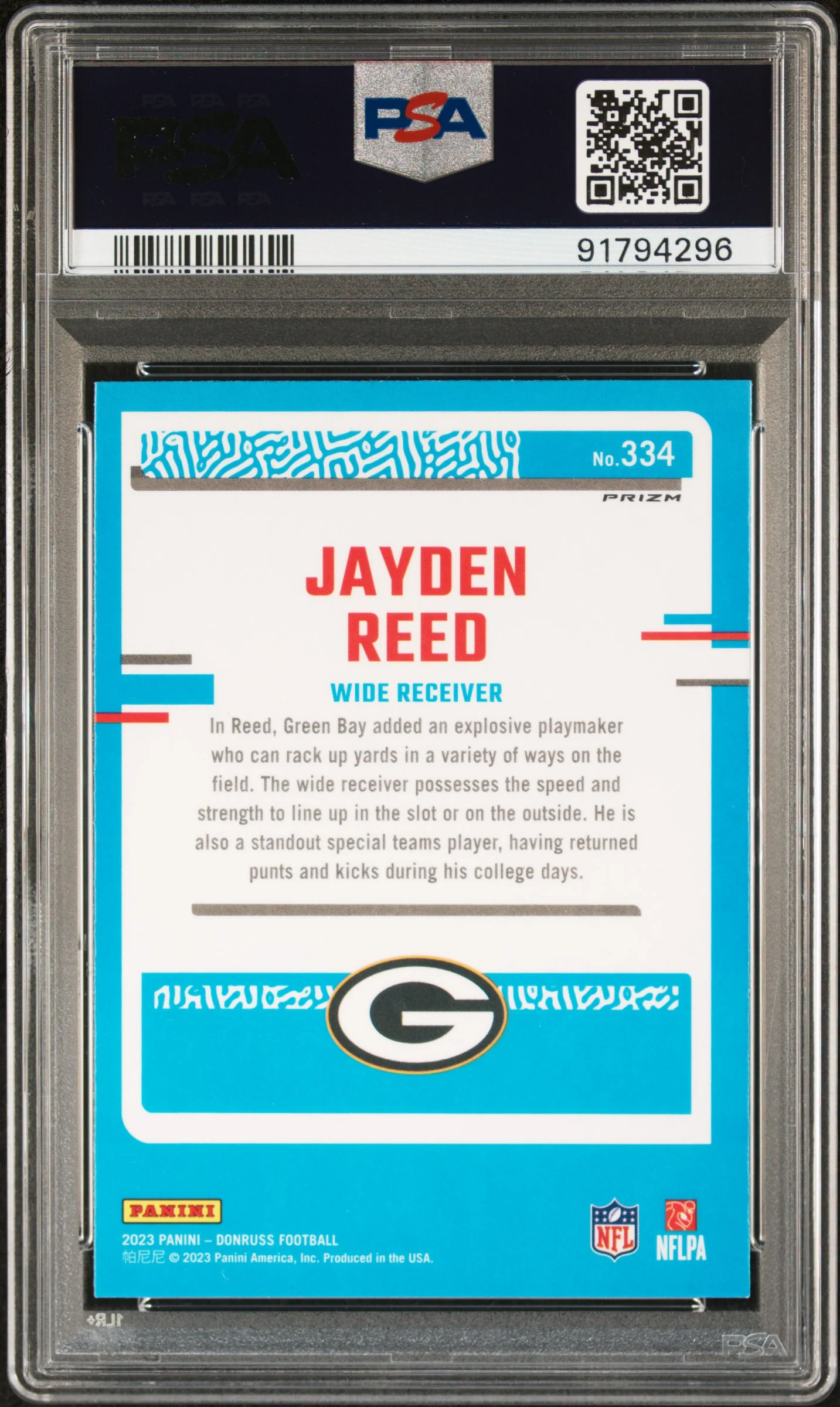 2023 Panini Donruss Optic Preview-Red Wave Jayden Reed #334 PSA 10 - Image 2