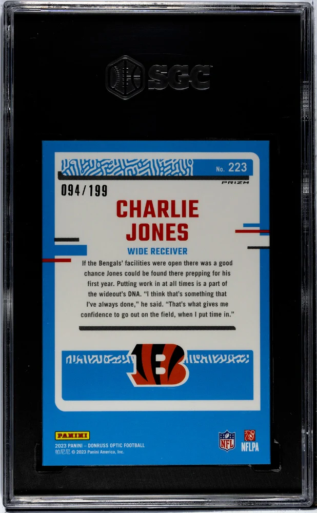 2023 Donruss Optic Blue Prizm Charlie Jones #223 RC /199 SGC 10 - Image 2