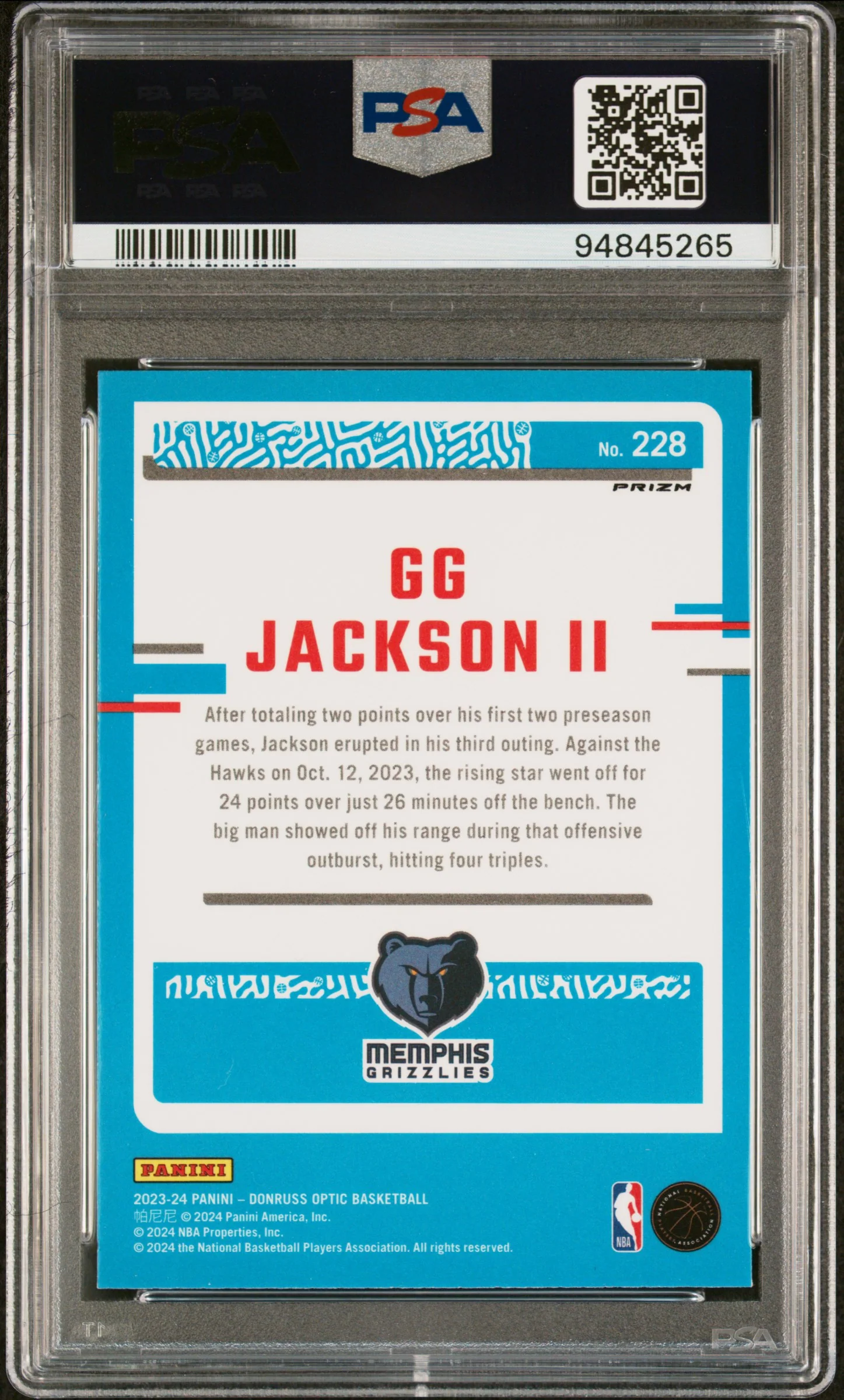 2023 Donruss Optic Purple GG Jackson II #228 RC PSA 9 - Image 2