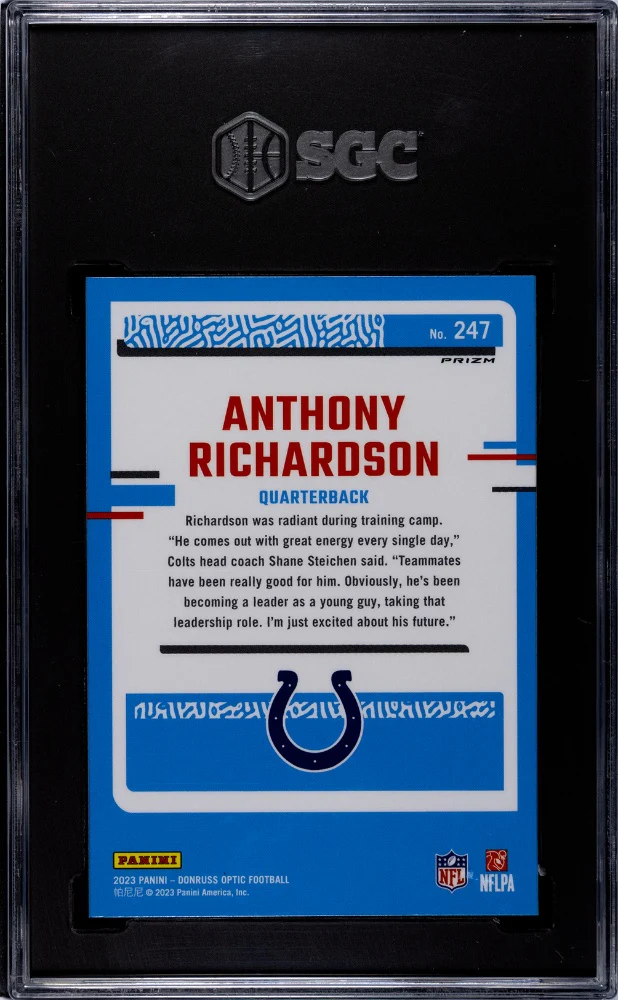 2023 Donruss Optic Blue Hyper Prizm Anthony Richardson #247 RC SGC 10 - Image 2