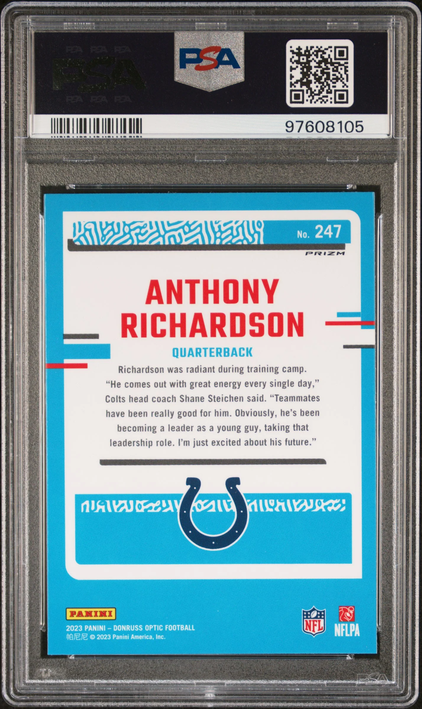 2023 Donruss Optic Rated Rookie Holo Anthony Richardson #247 PSA 10 - Image 2