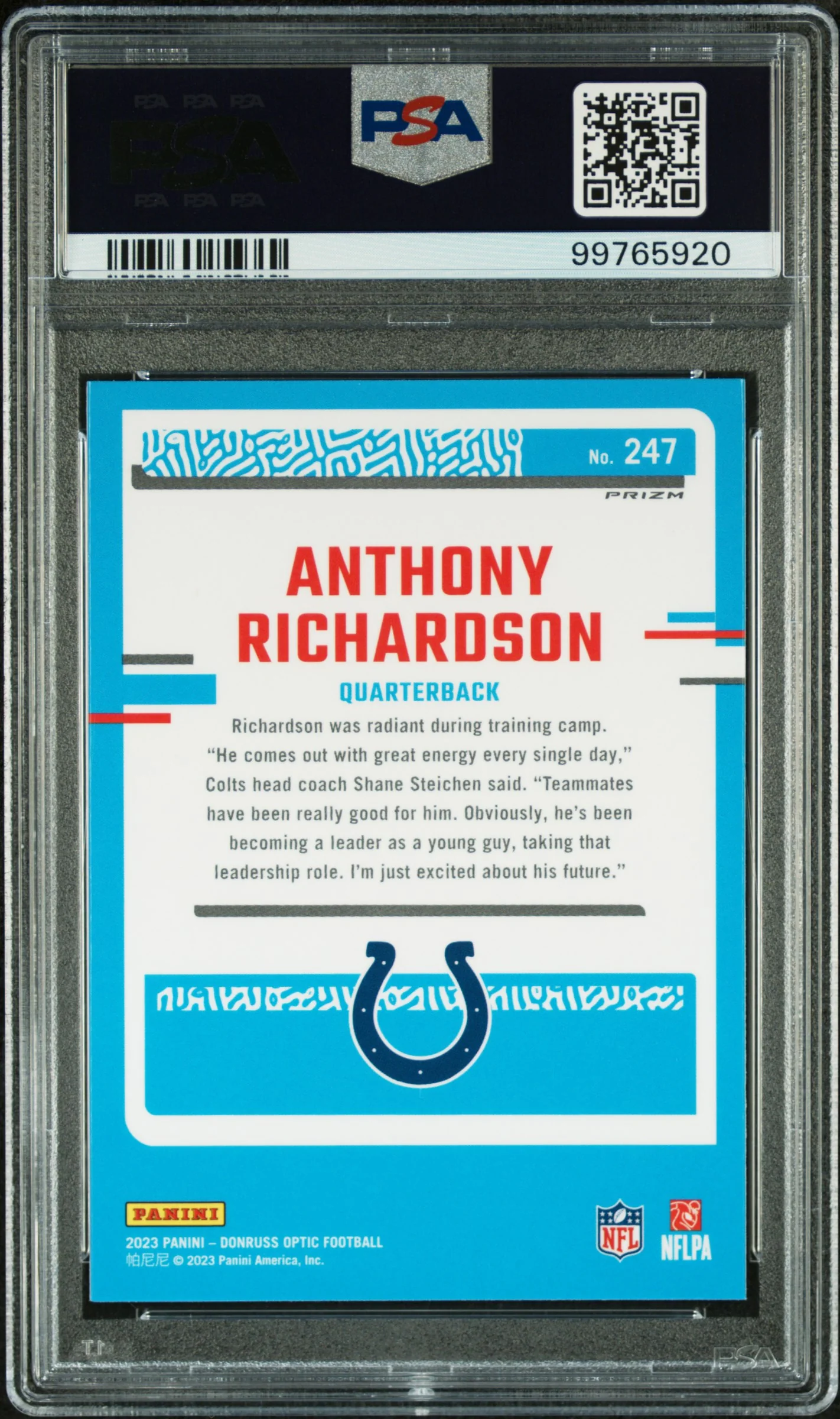 2023 Donruss Optic #247 Anthony Richardson Rated Rookie Green Velocity PSA 10 - Image 2