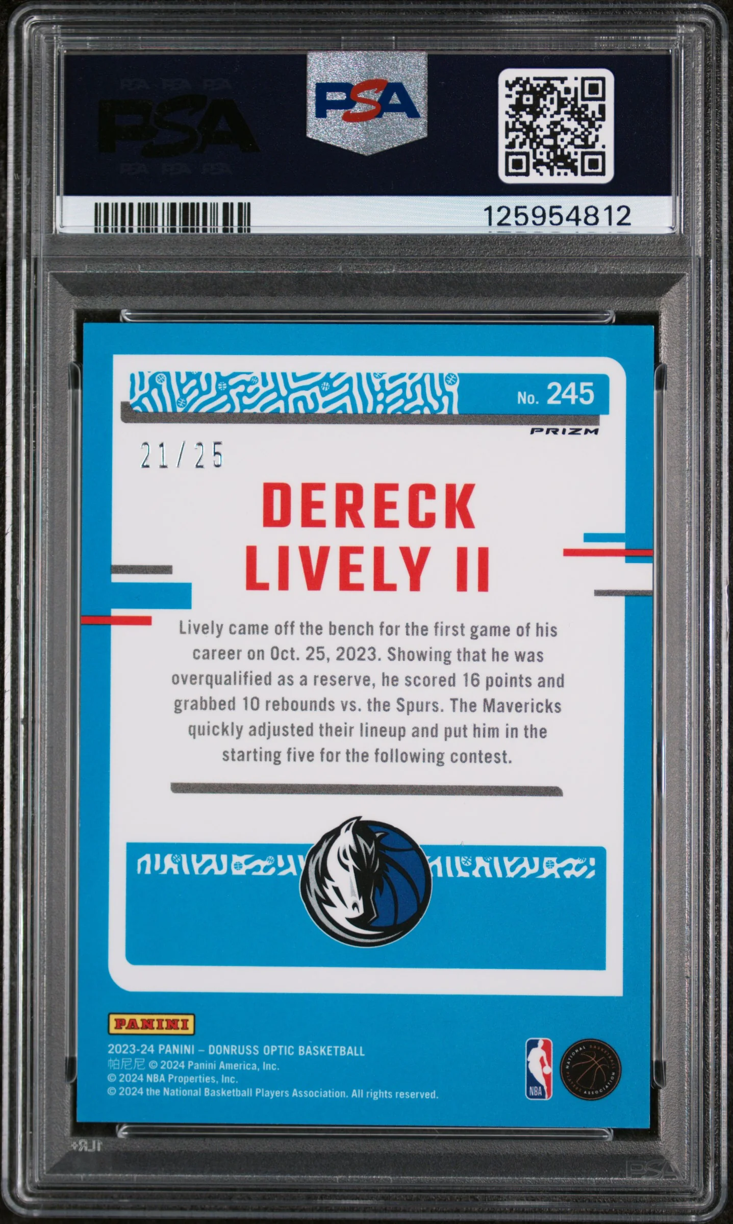 2023 Donruss Optic Fast Break Pink Dereck Lively II #245 /25 PSA 9 - Image 2