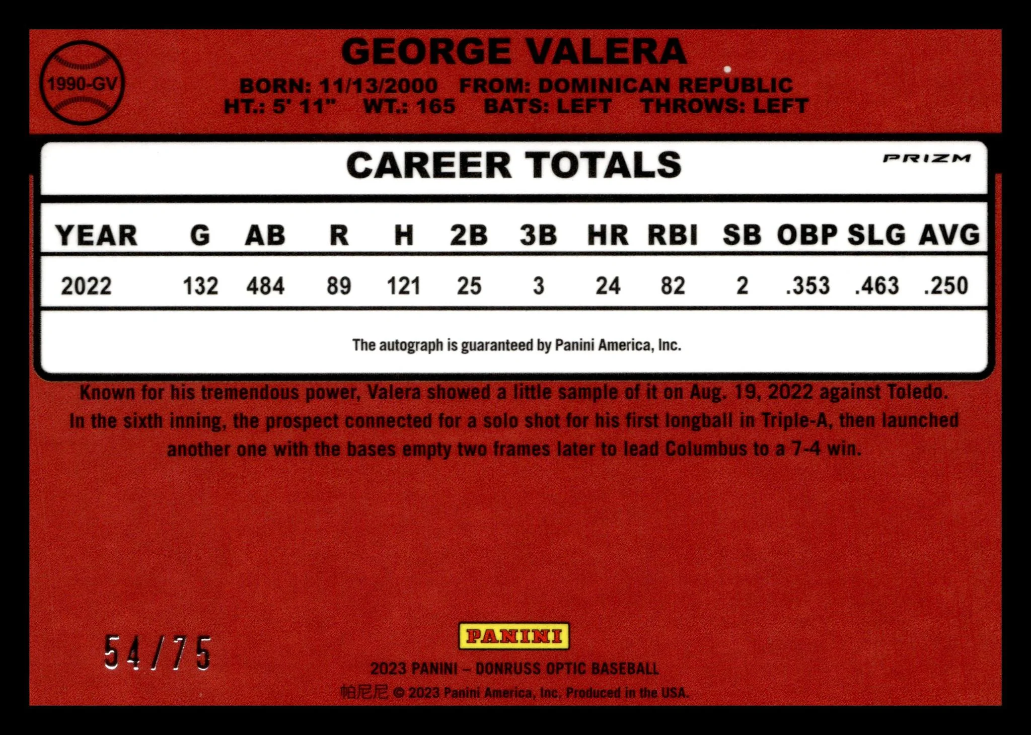 2023 Donruss Optic Prizm George Valera #1990-GV Auto /75 - Image 2