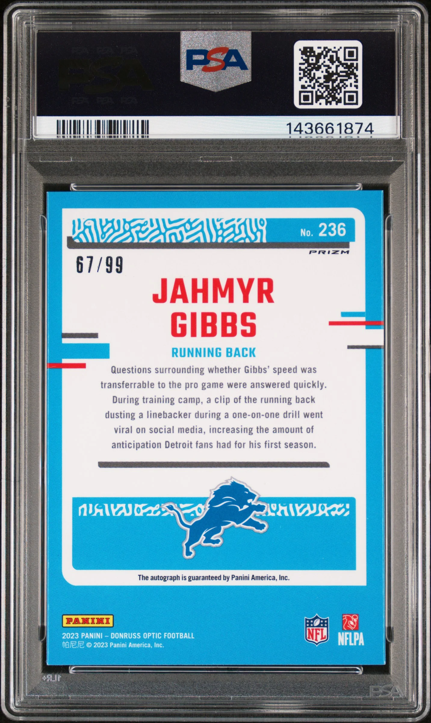 2023 Donruss Optic Rated Rookie Autograph Jahmyr Gibbs #236 /99 PSA 9 - Image 2