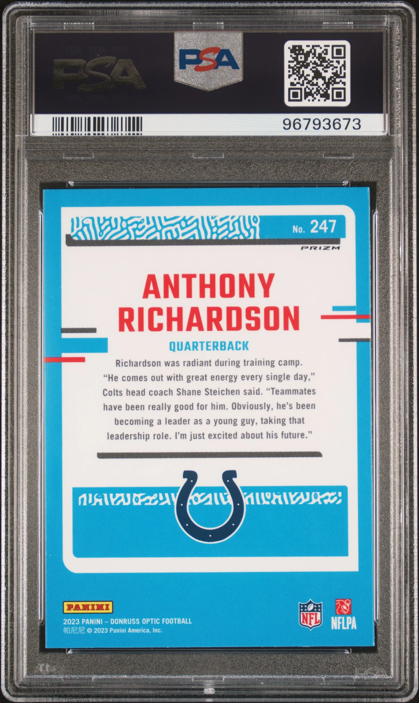 2023 Donruss Optic Rated Rookie Holo Anthony Richardson #247 PSA 10 - Image 2
