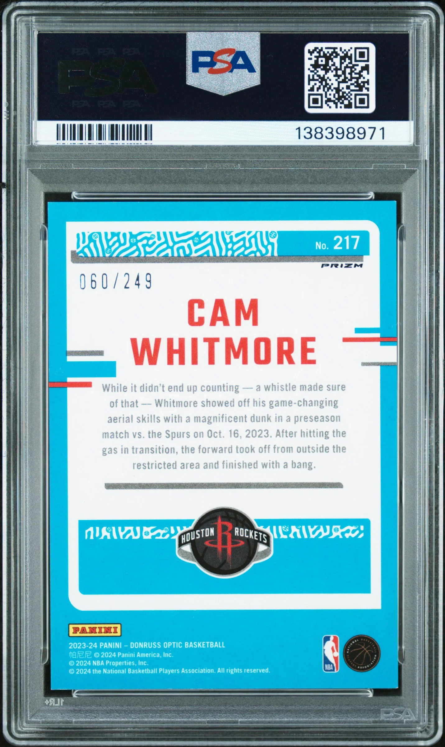 2023 Donruss Optic Rated Rookie Premium Box Set Cam Whitmore #217 /249 PSA 9 - Image 2