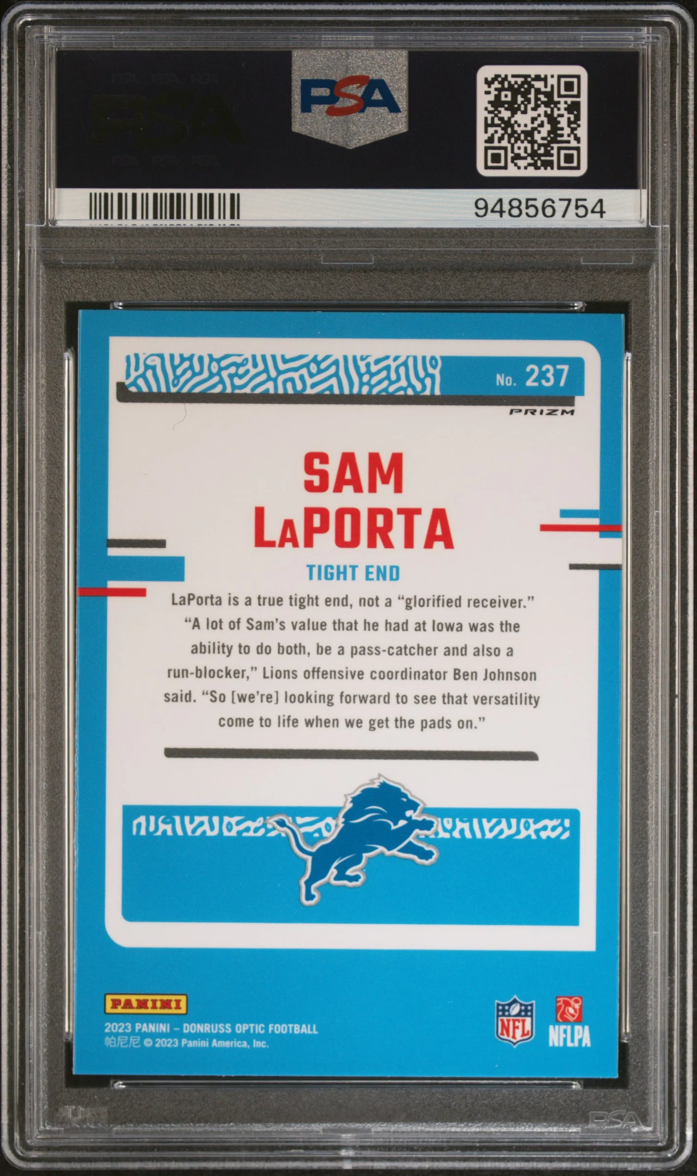 2023 Donruss Optic Rated Rookie Purple Shock Sam Laporta #237 PSA 10 - Image 2