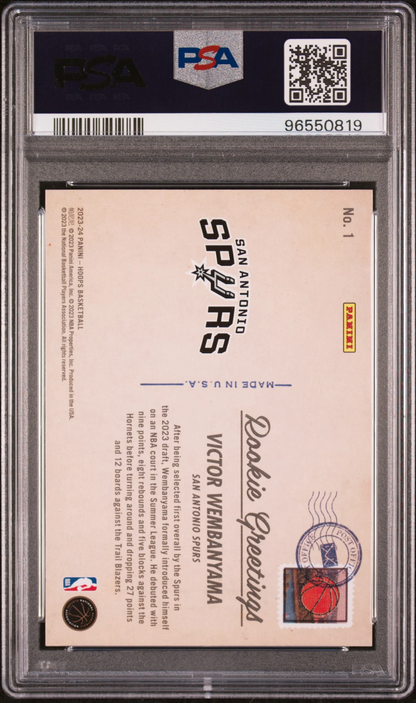 2023 Hoops Rookie Greetings Victor Wembanyama #1 PSA 9 - Image 2