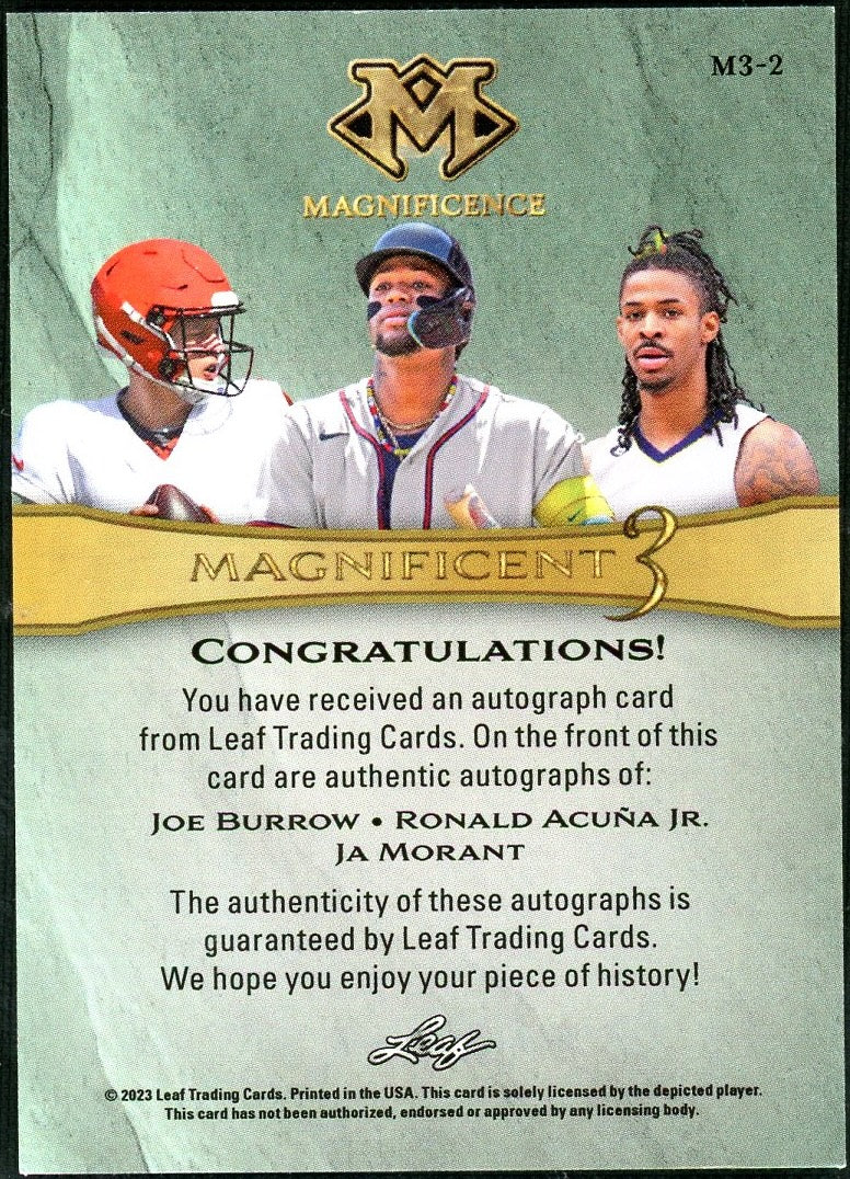 2023 Leaf M3-2 Joe Burrow Ronald Acuña Jr. Ja Morant Magnificence /4 Auto - Image 2