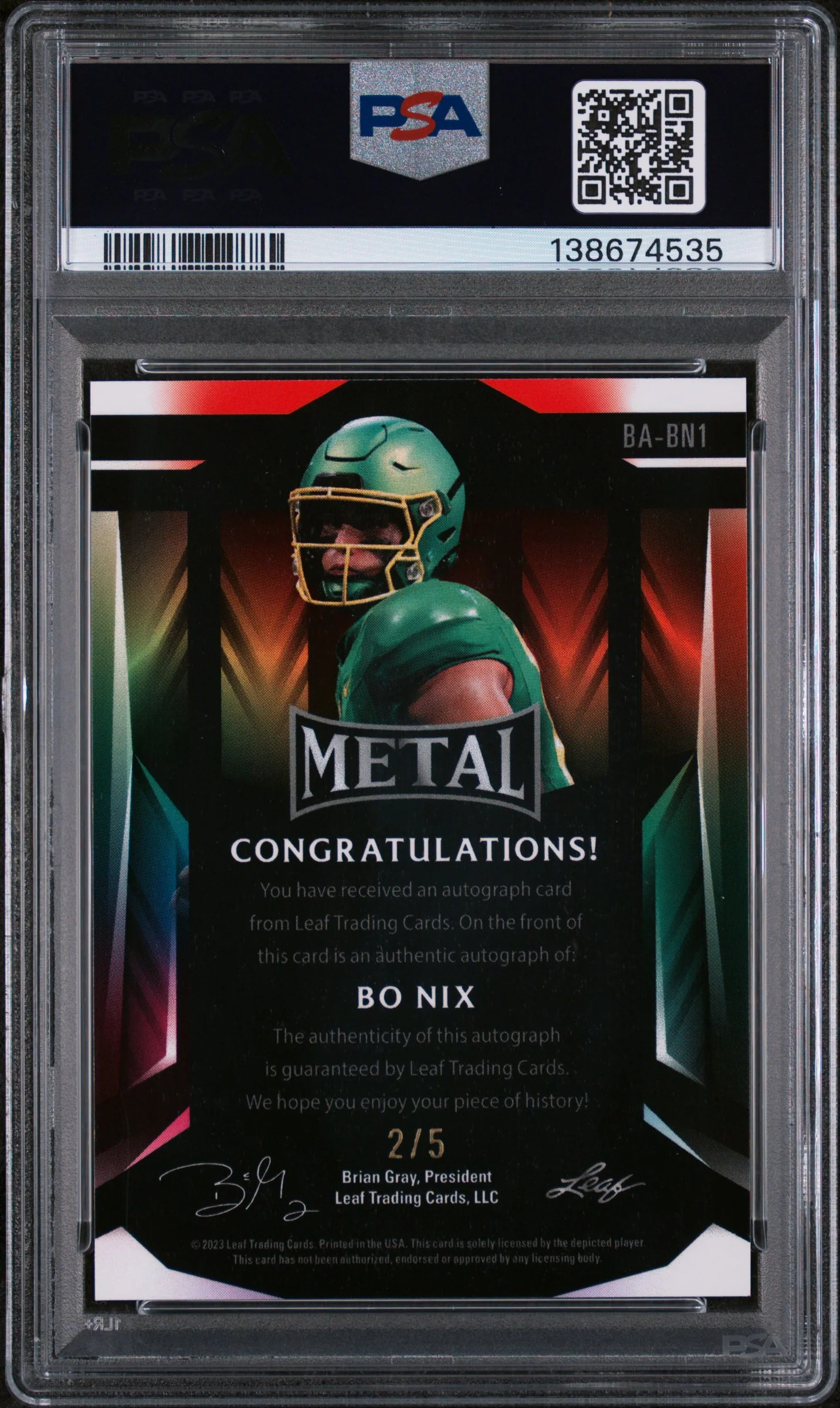 2023 Leaf Metal Autographs Pink Wave Bo Nix #BABN1 /5 PSA 9 - Image 2