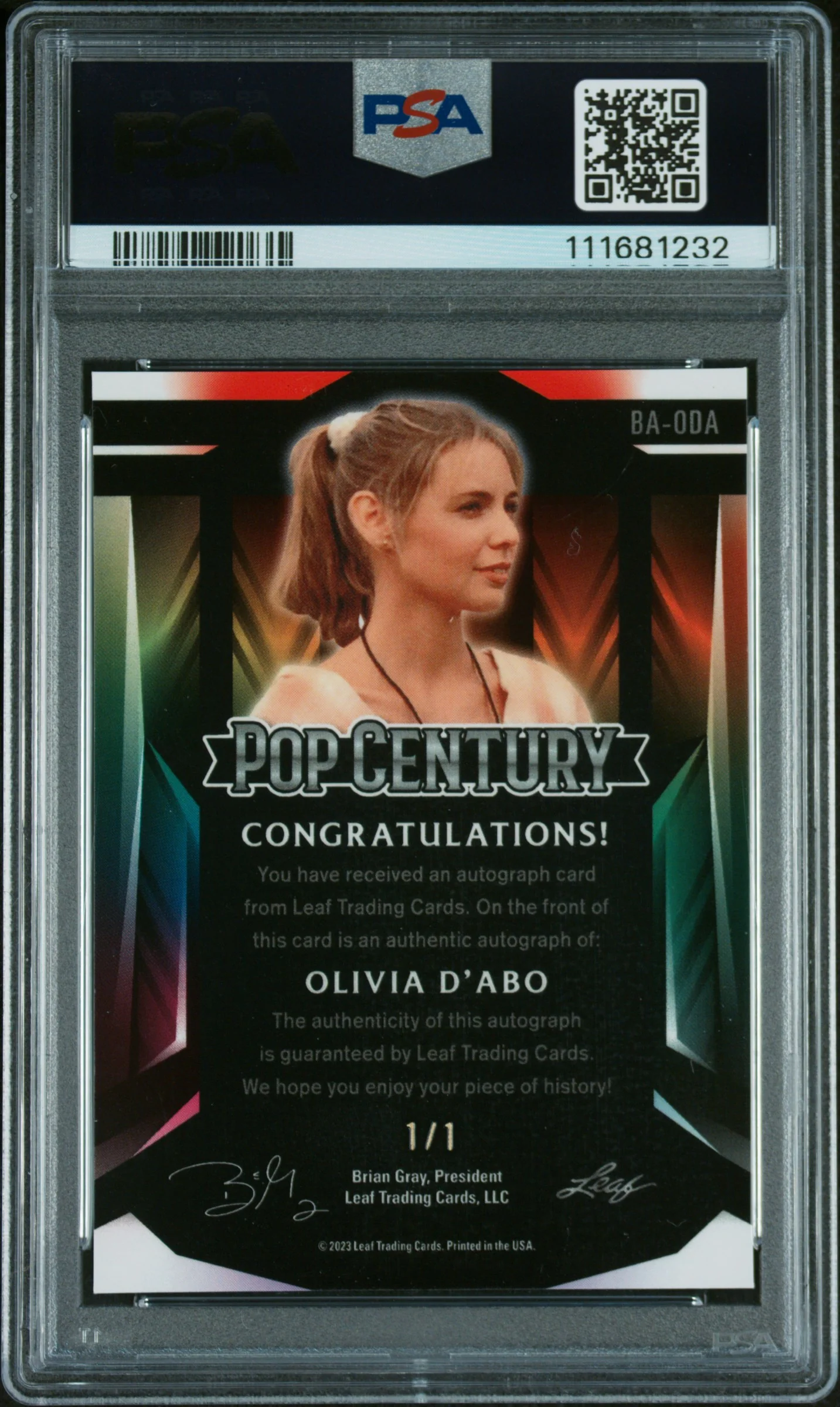 2023 Leaf Metal Pop Century Autograph Blue Mojo 1/1 Olivia D'Abo #BAODA PSA 9 - Image 2