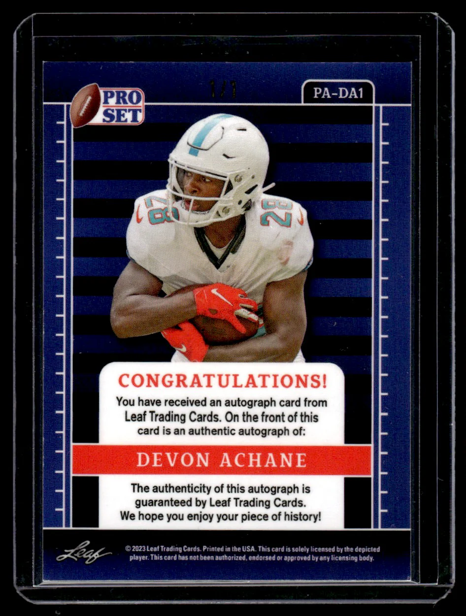 2023 Leaf Pro Set PA-DA1 Devon Achane Rookie 1/1 Auto - Image 2