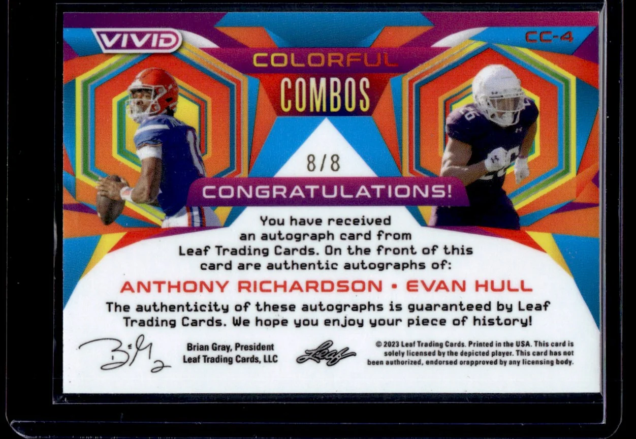 2023 Leaf Vivid Colorful Combos Anthony Richardson Evan Hull #CC-4 Dual Auto /8 - Image 2