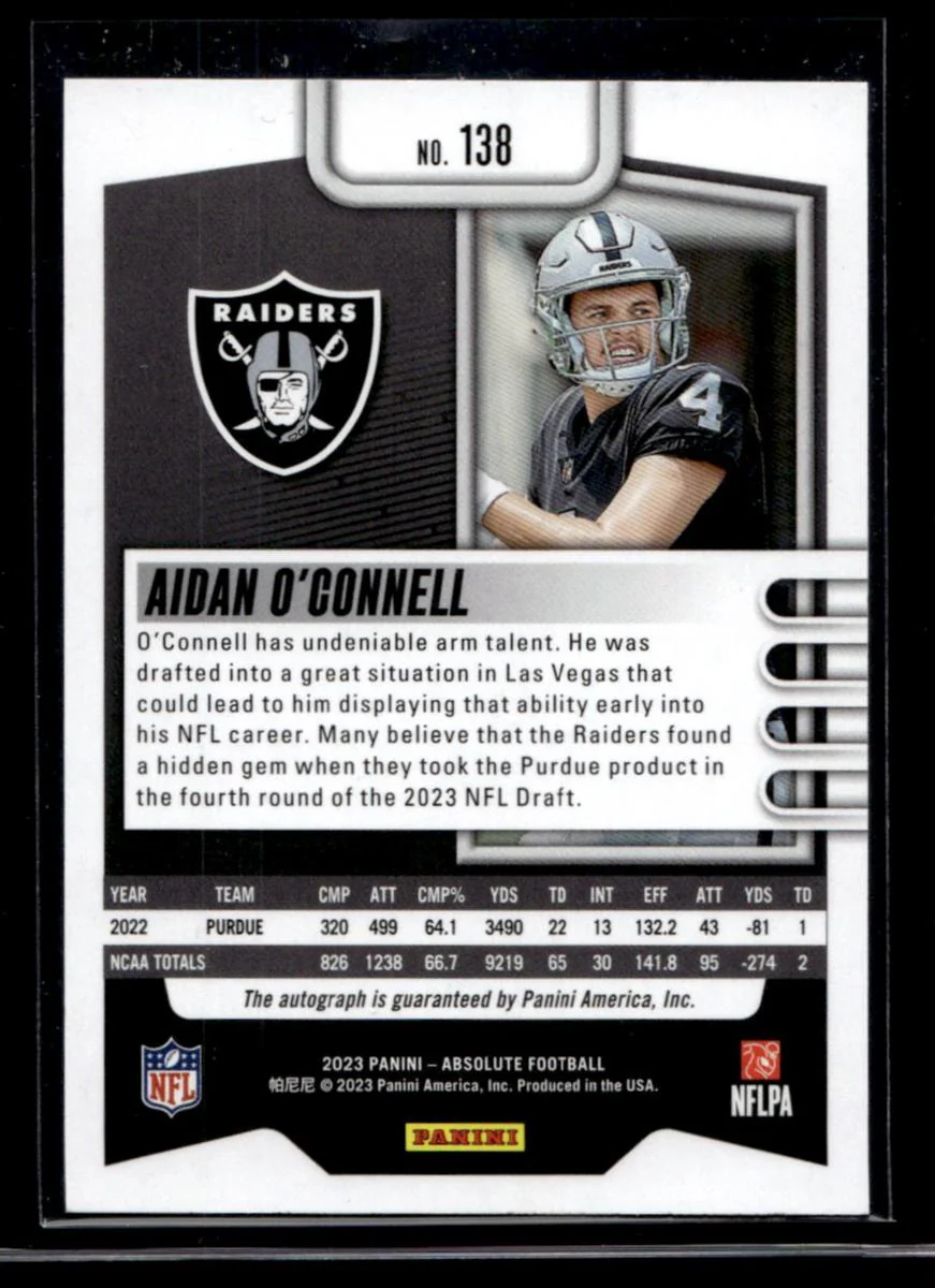2023 Panini Absolute Football Blue Aidan O'Connell #138 RC Auto /75 - Image 2
