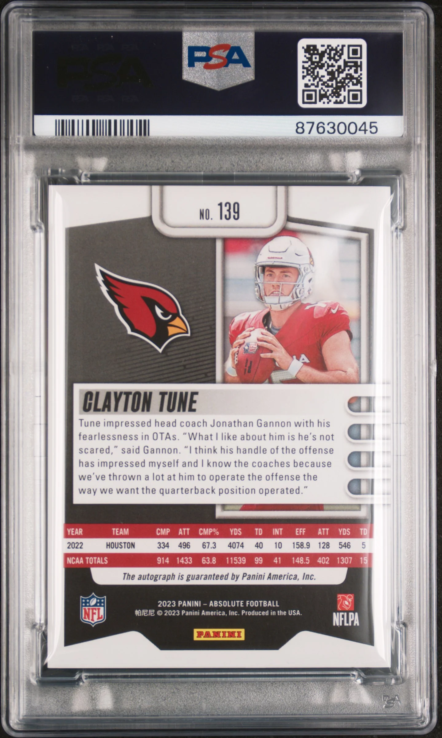 2023 Panini Absolute Orange Spectrum Clayton Tune #139 RC Auto /75 PSA 9 - Image 2