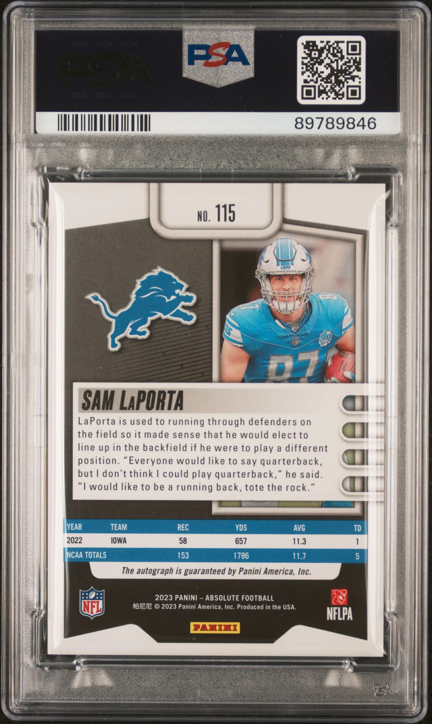 2023 Panini Absolute Signature-Gold Spectrum Sam Laporta #115 /99 PSA 8 - Image 2